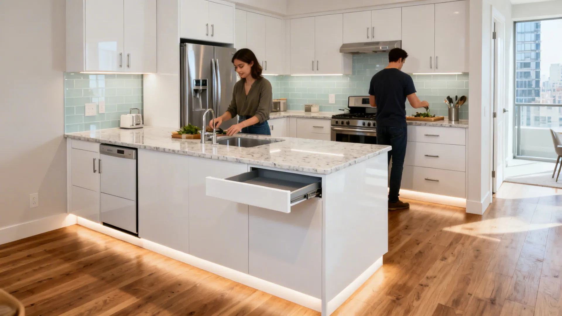 Compact L-shaped kitchen with continuous counters, pantry, and corner storage hardware.