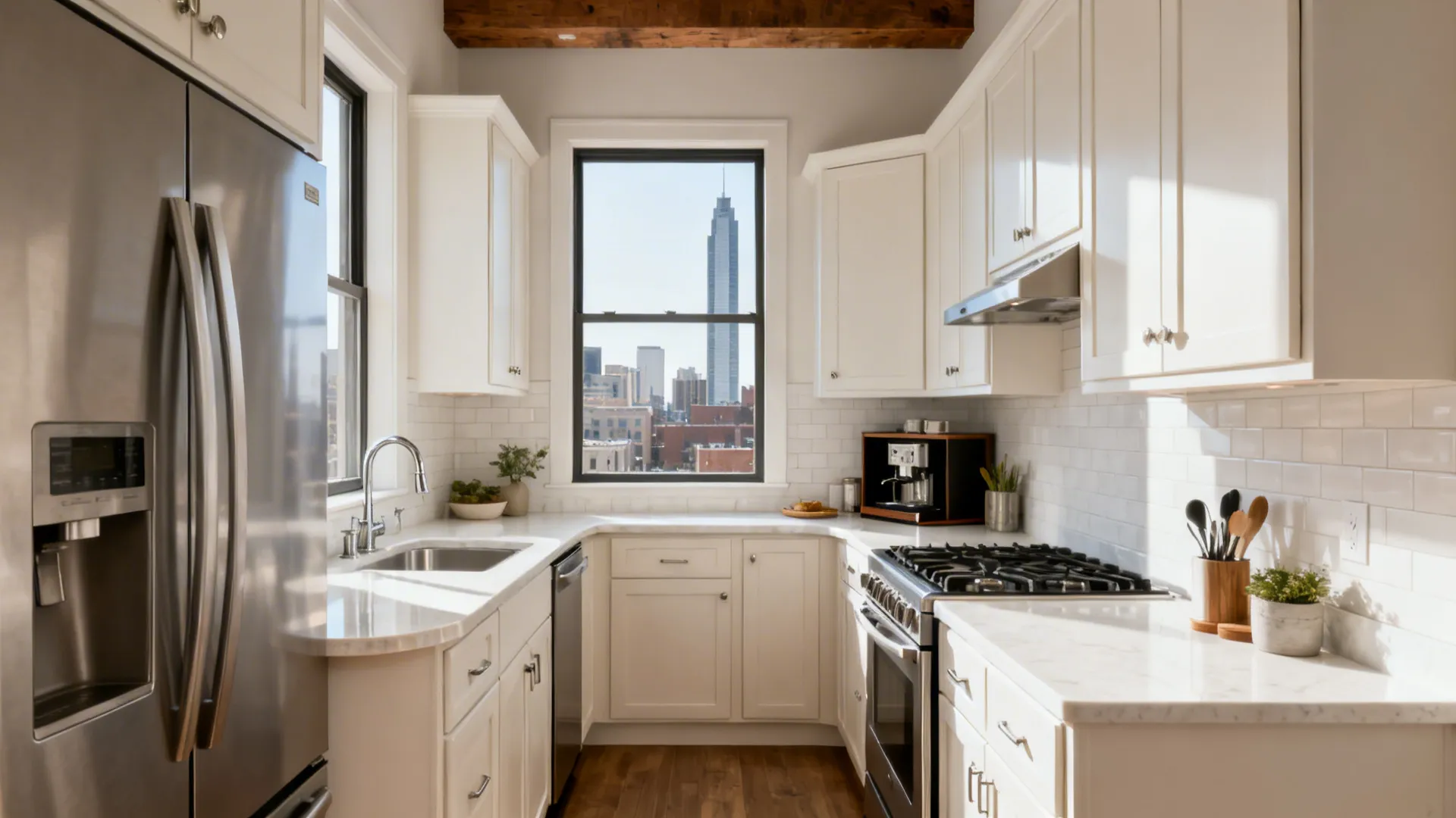 Compact Dallas loft kitchen with an L-shaped layout and continuous prep space.