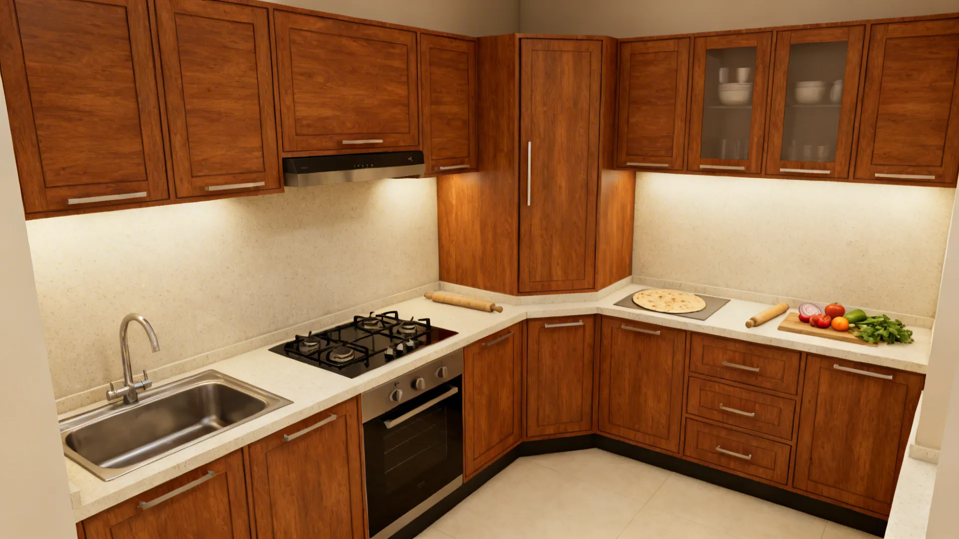 Compact L-shaped kitchen showing sink and hob on separate runs with a clear prep span.