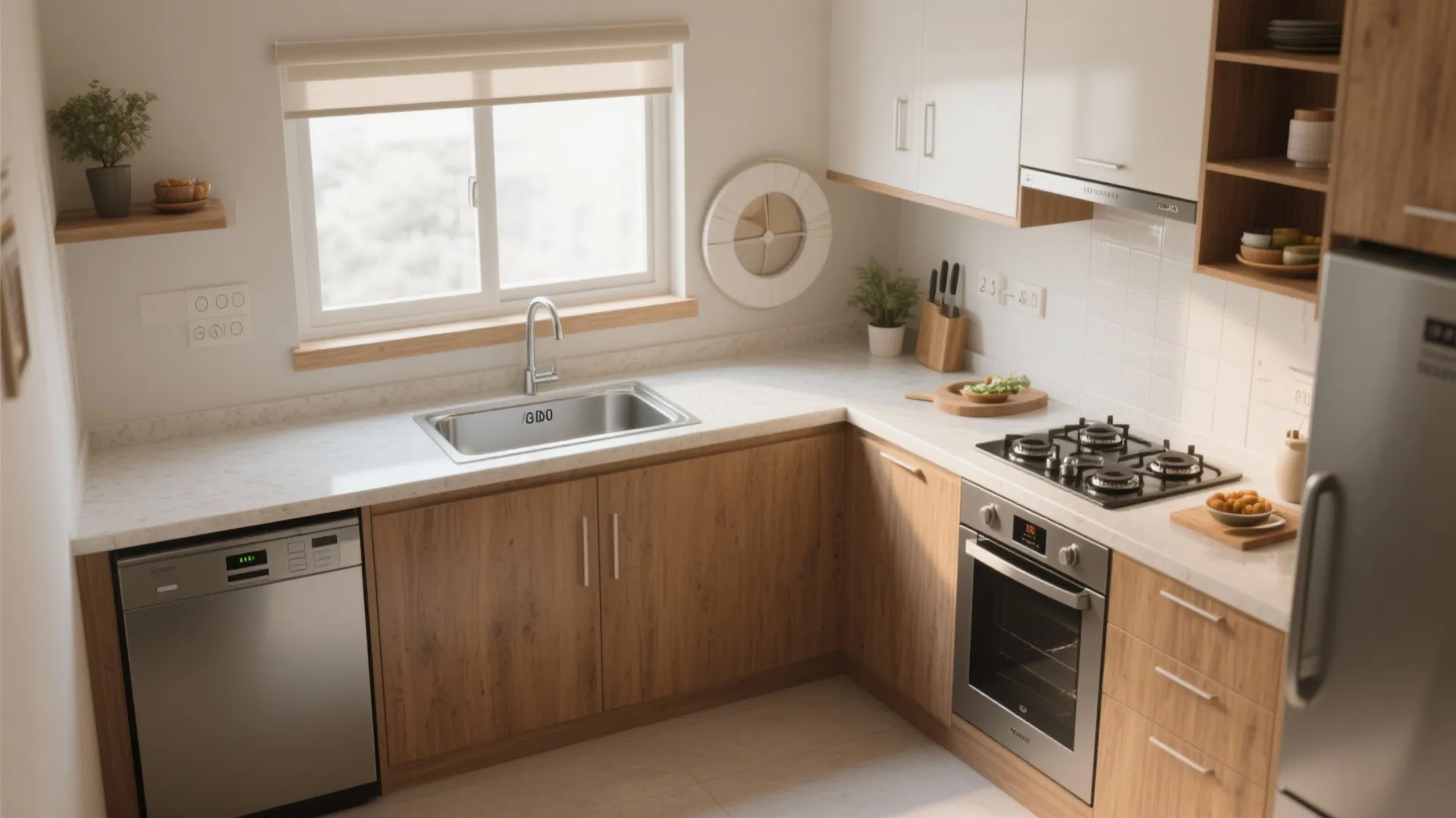 L-shaped layout to free counter space