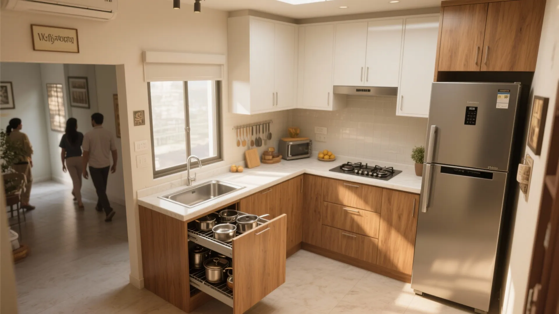Modern l-shaped kitchen with wood cabinets white upper units stainless steel fridge and pull out drawer