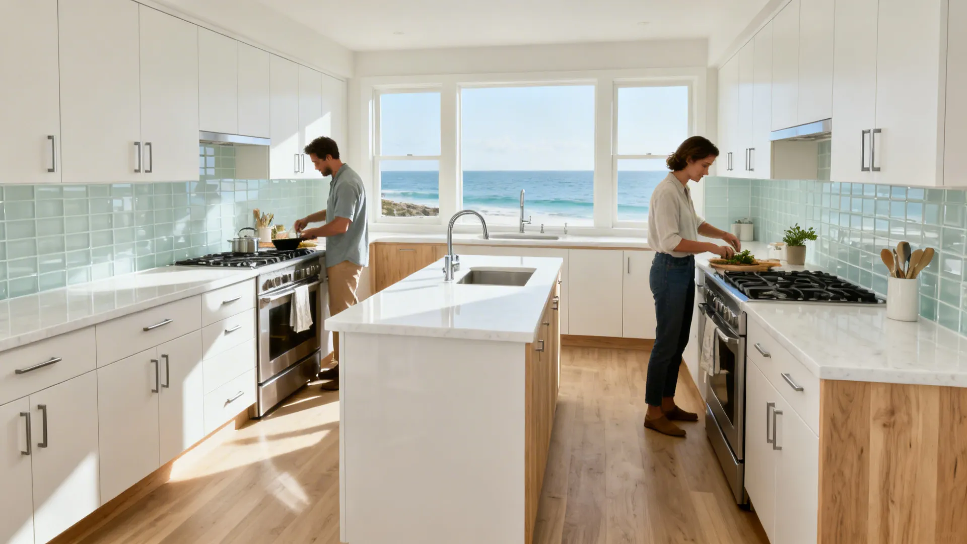Compact L-shaped kitchen with slim island, clear circulation, and continuous counters in soft daylight.