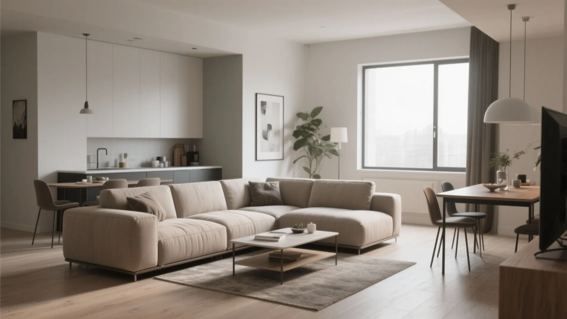 Open plan living room with beige sofa coffee table dining table and white kitchen cabinets