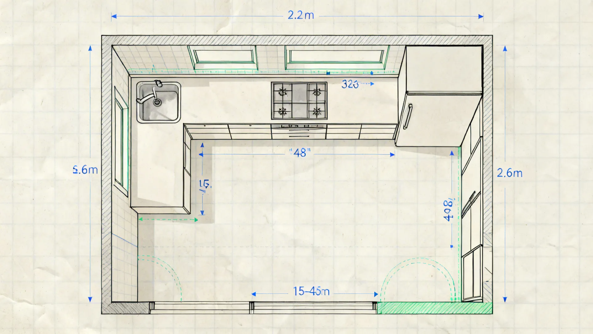 Top-down scaled L-shaped micro-kitchen plan showing clearances and landing areas.