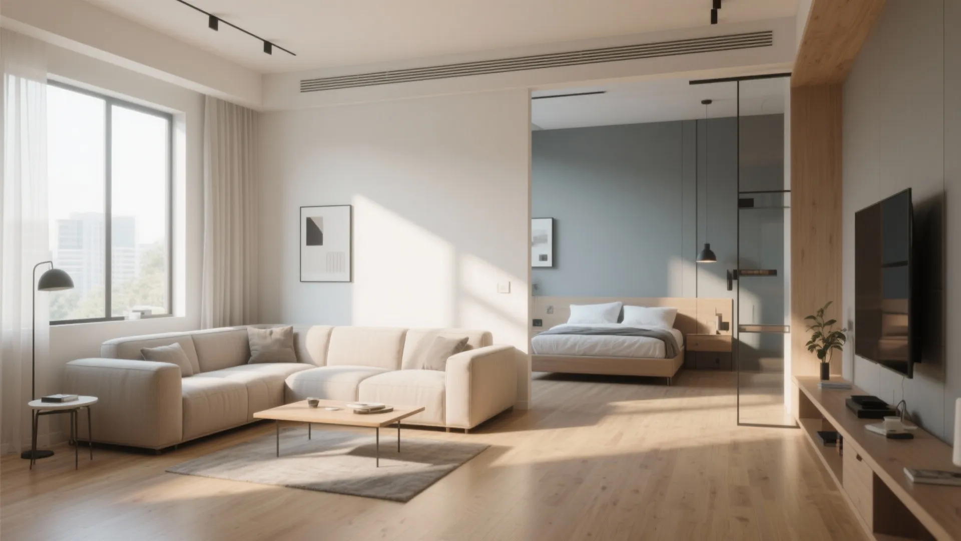 L-shaped sofa separating living and sleeping zones