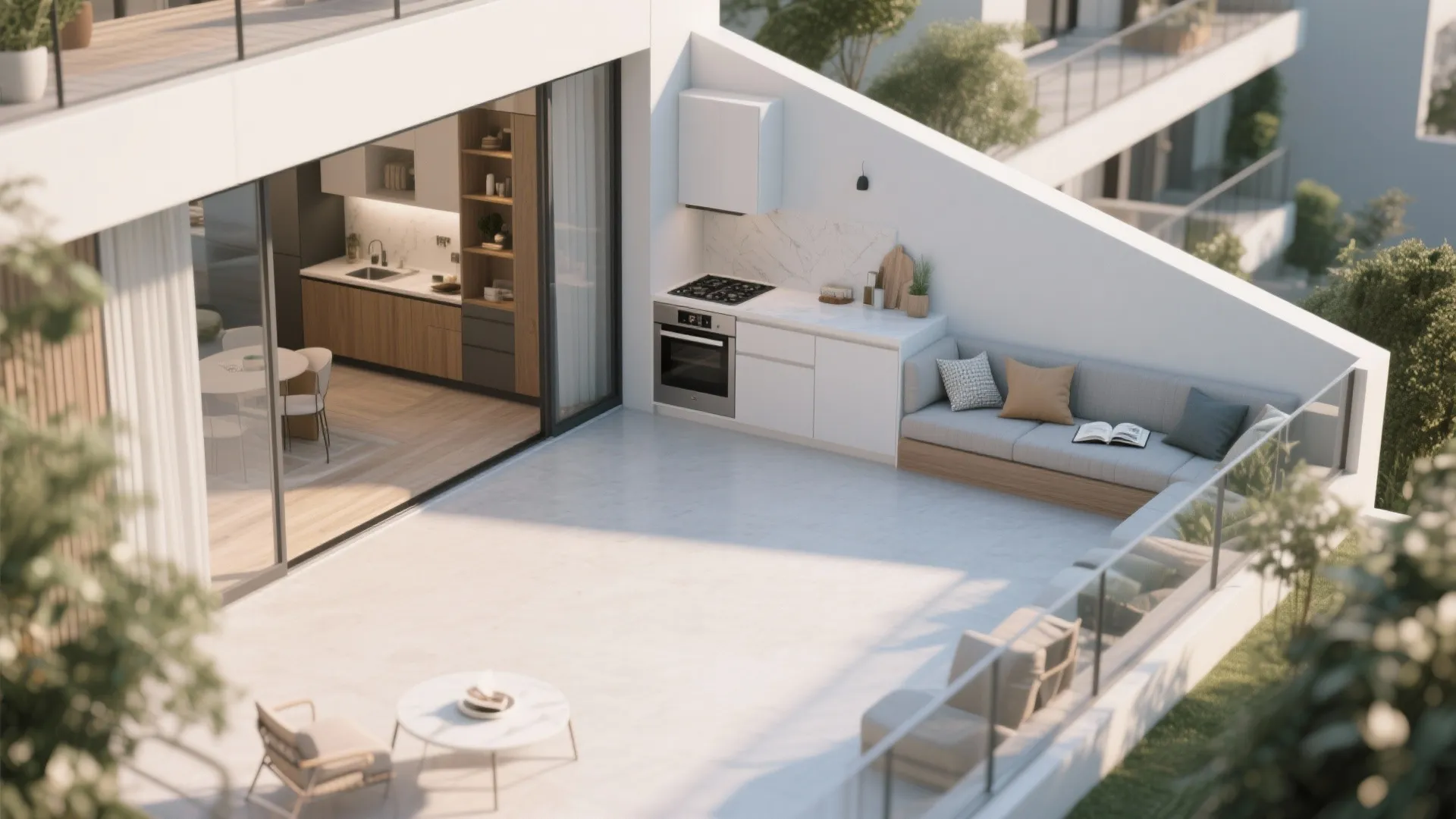 Top view of a balcony showing small outdoor kitchen, corner sofa, and indoor dining area