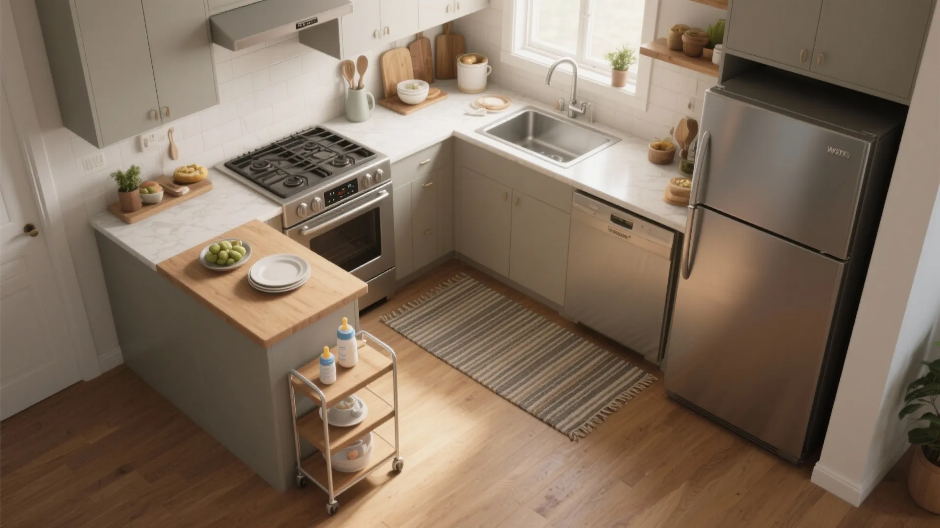 L-shaped layout to free up surfaces for celebration