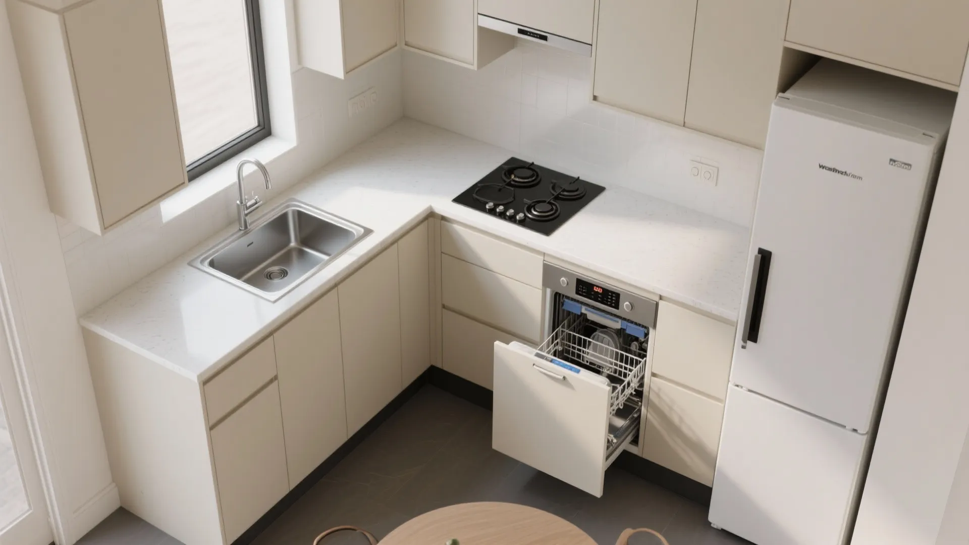 L-shaped layout that frees more counter space