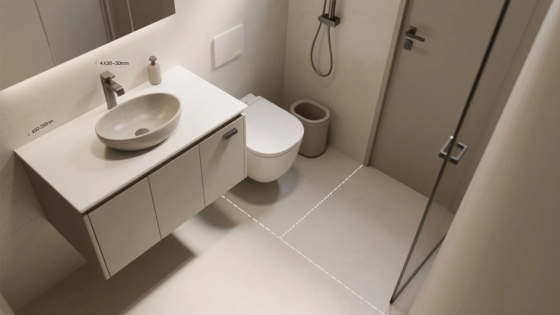 Top view of small bathroom with white sink cabinet toilet and grey floor tiles layout