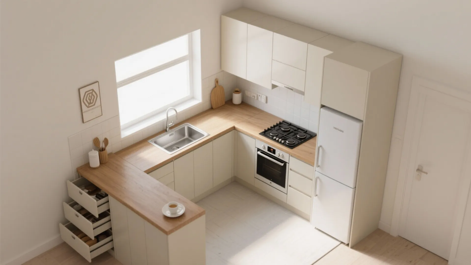 Top-down view of an L-shaped compact kitchen with clear work triangle and 1000–1050 mm aisle