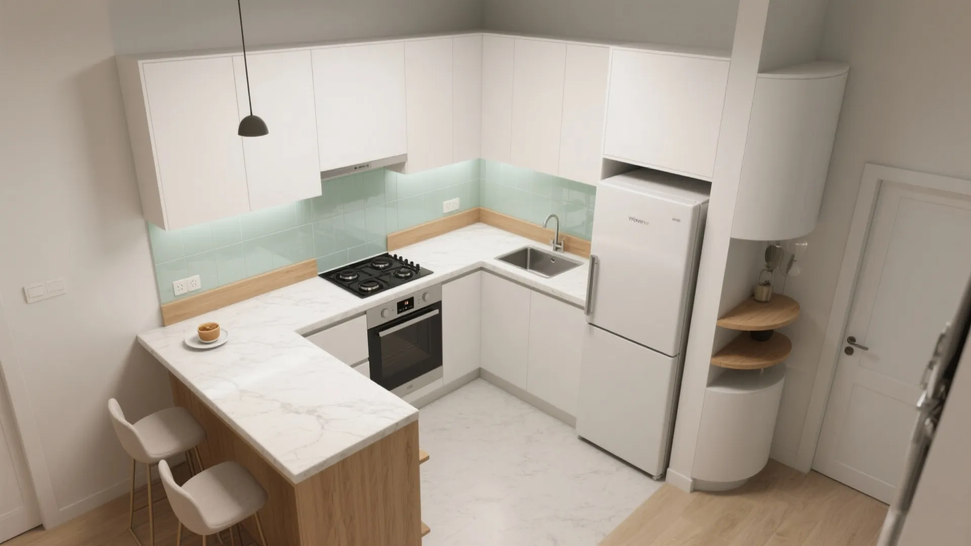 Top-down view of an L-shaped kitchen showing work triangle and corner carousel.