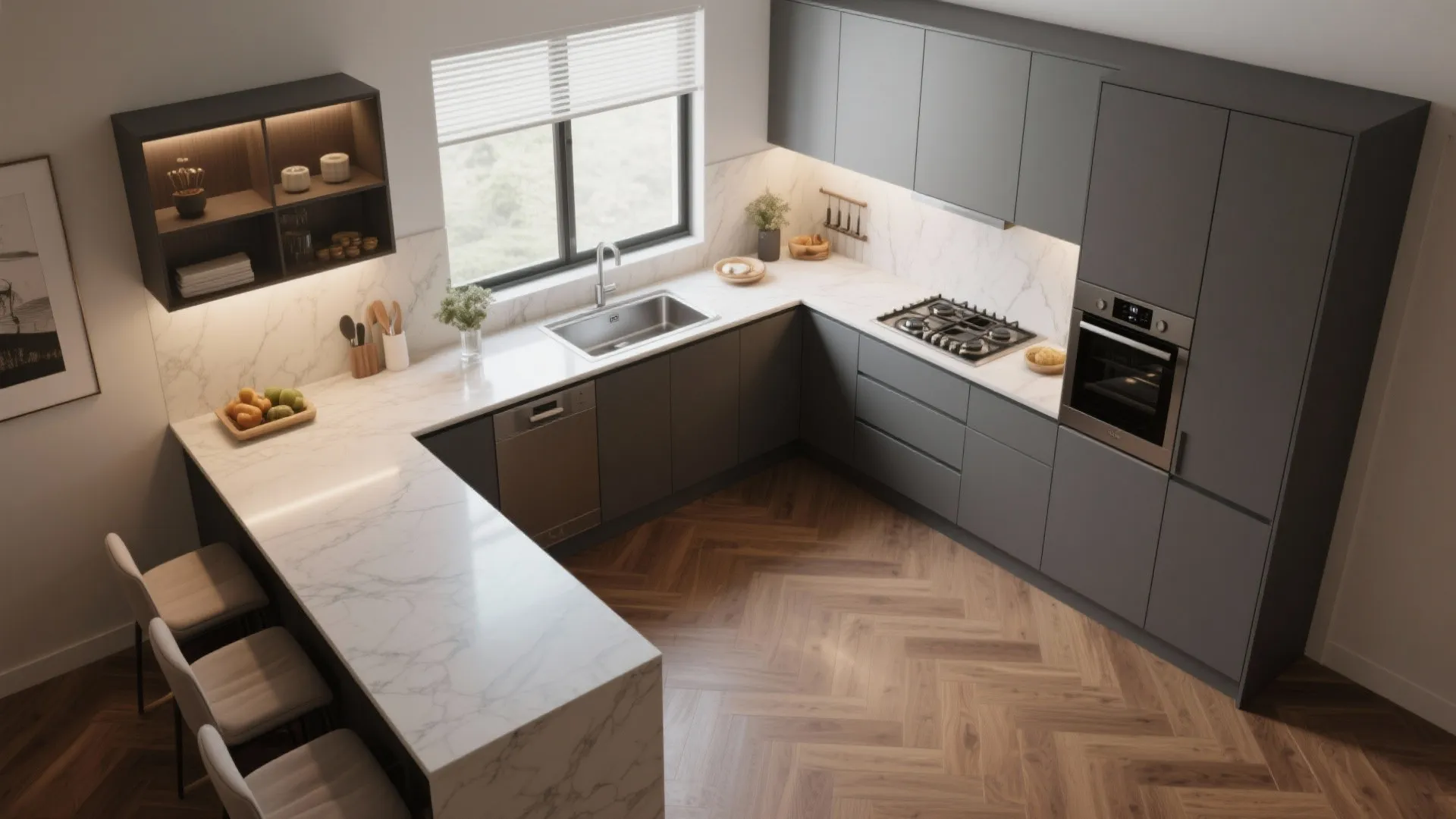 Smart L-shaped layouts for small luxury kitchens