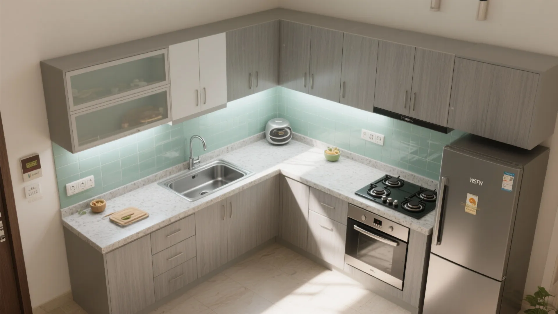 L-shaped layout with a compact prep zone