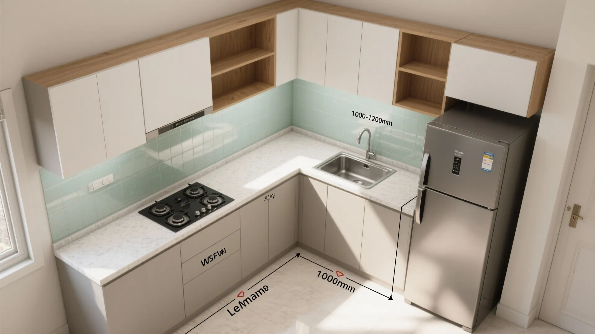 L-shaped layout with a defined prep zone