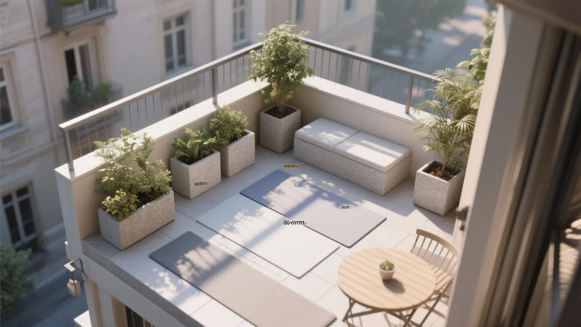 Top-down L-shaped balcony layout with tiered planters and a clear seating zone.