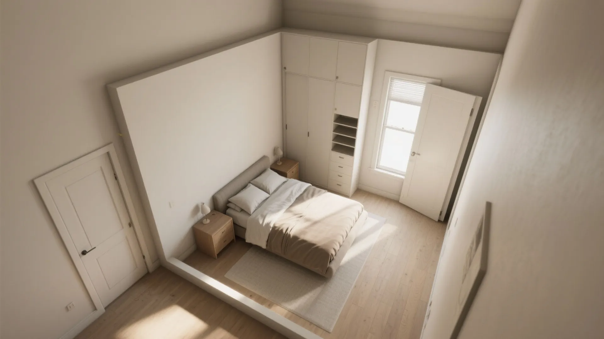 Top-down layout showing queen bed with L-shaped wardrobe cluster and a clear walkway to the window.