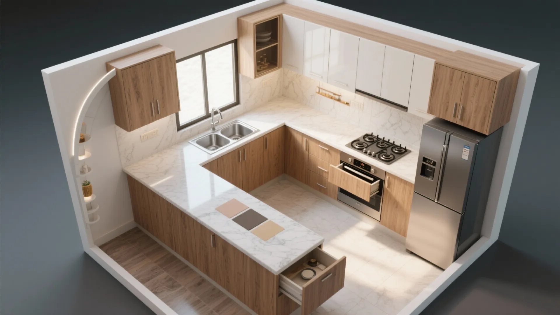 Interior design drawing of kitchen with wood cabinets white counters silver fridge and gas stove