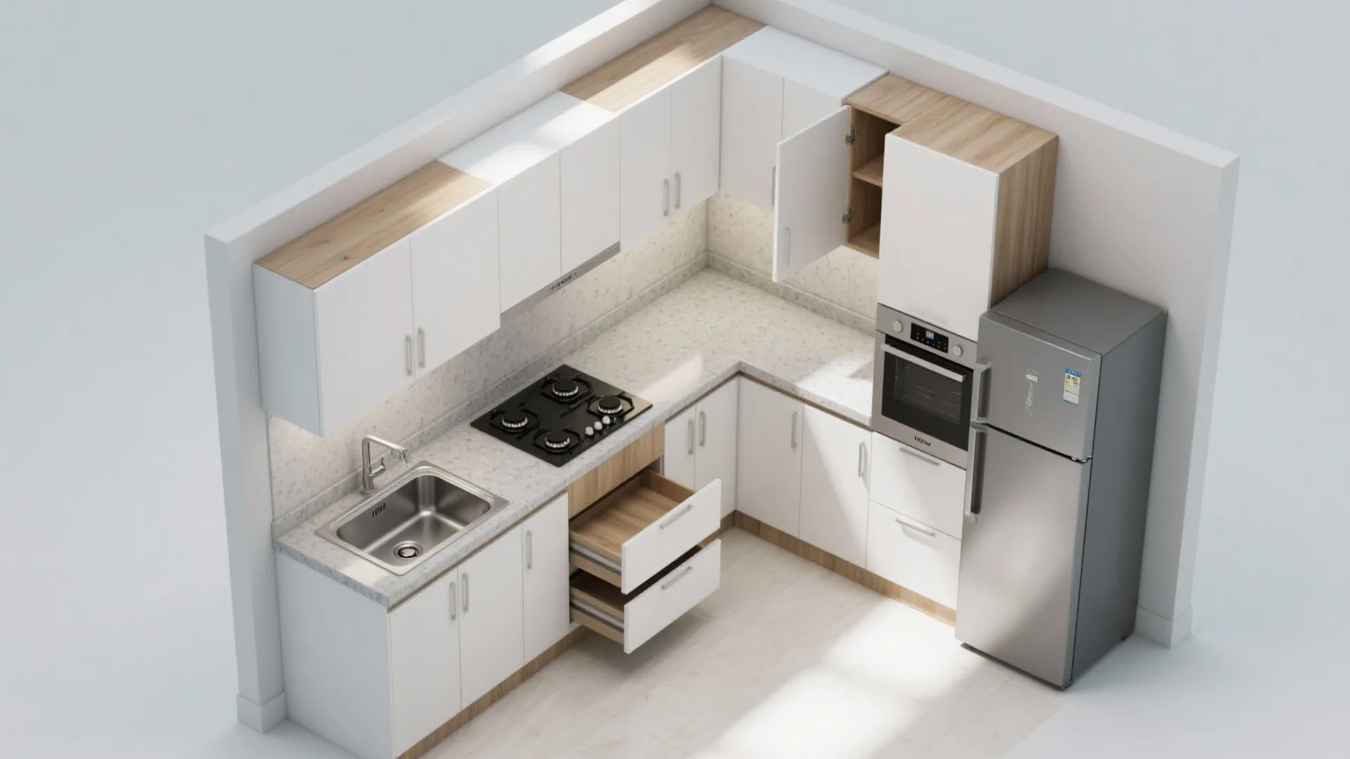 L-shaped layout to unlock prep space