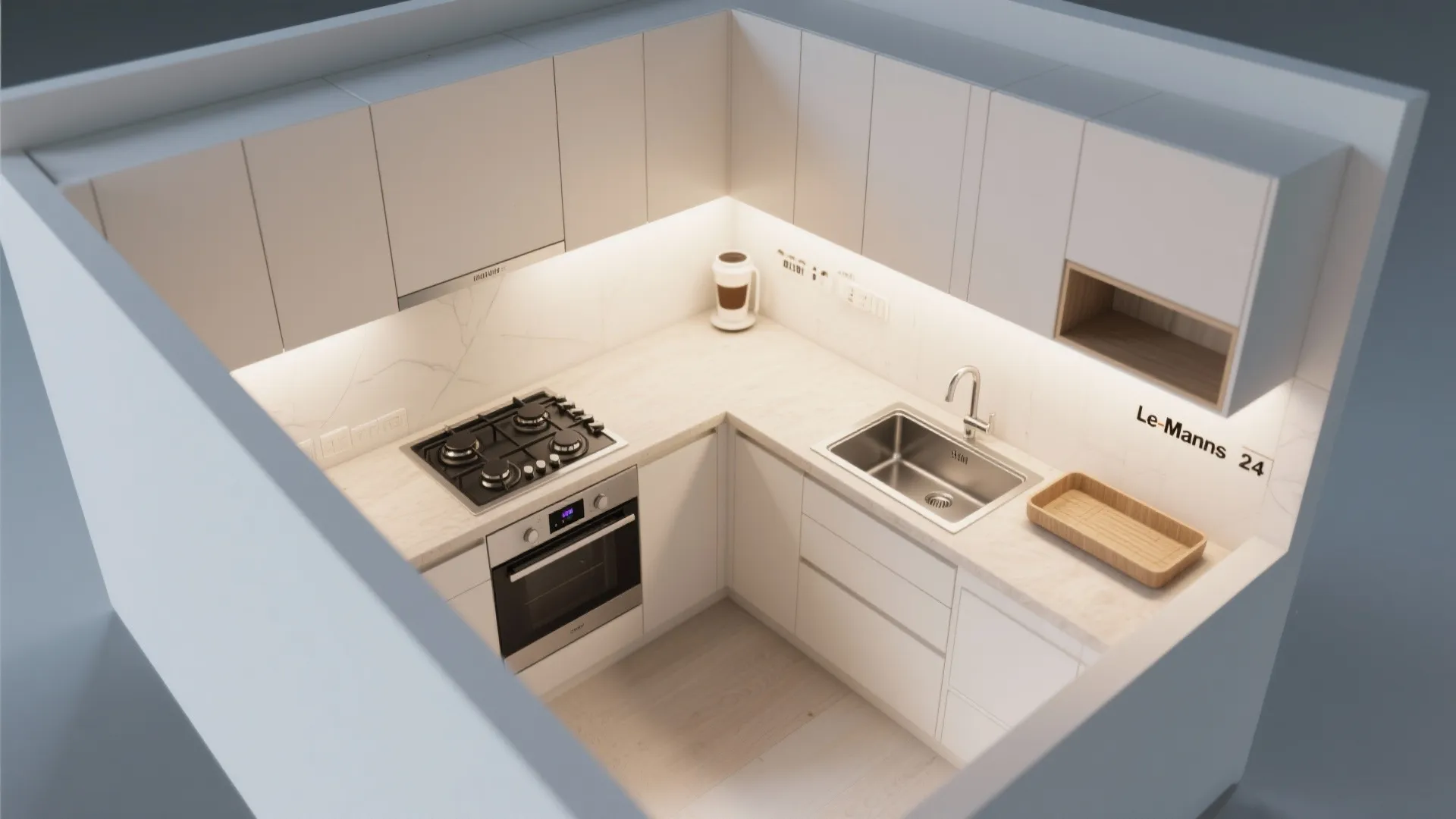 Top-down view of a compact L-shaped kitchen with generous landing zones and corner storage.