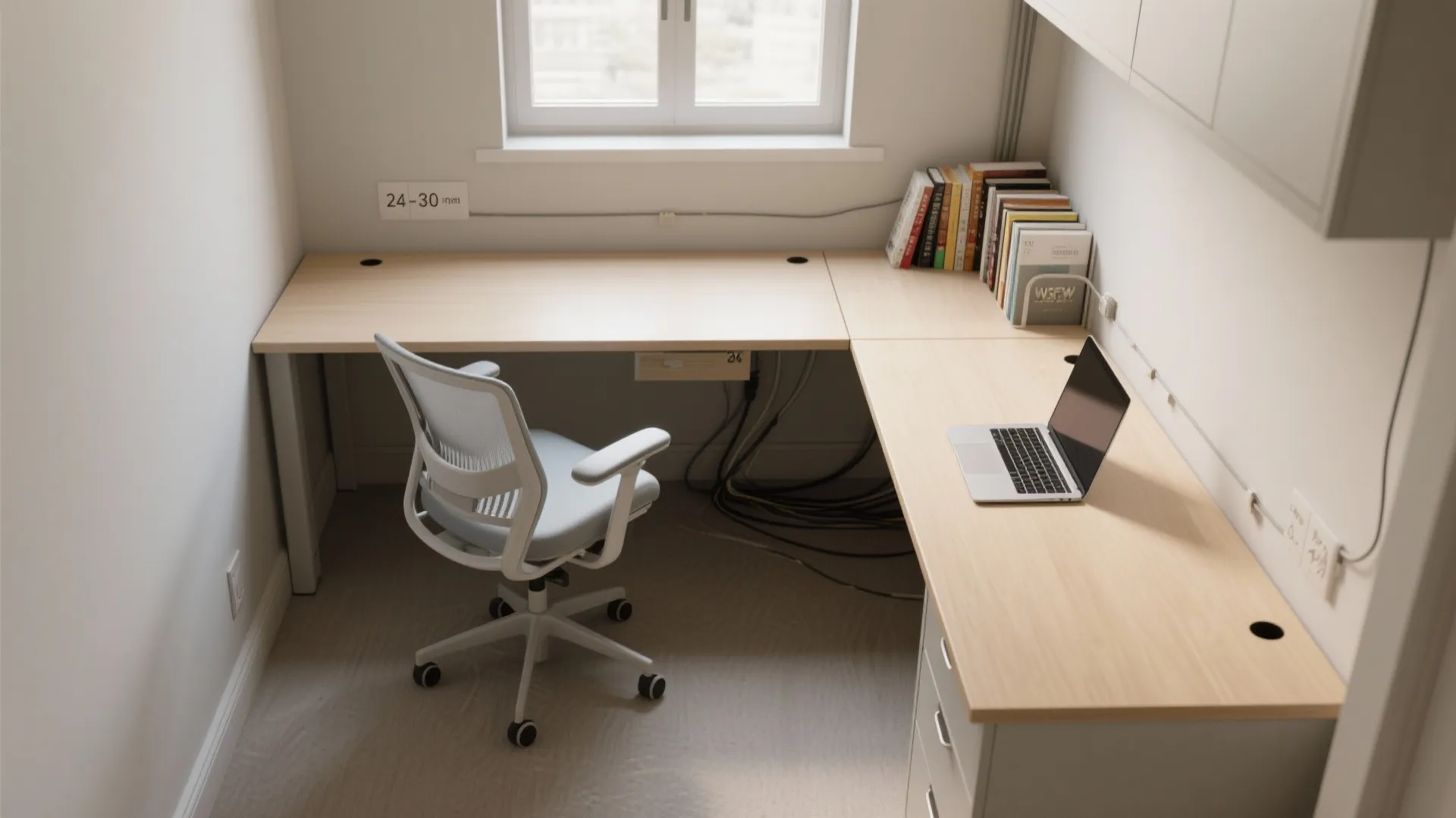 L-shaped wooden desk in a small white room with office chair laptop books and window