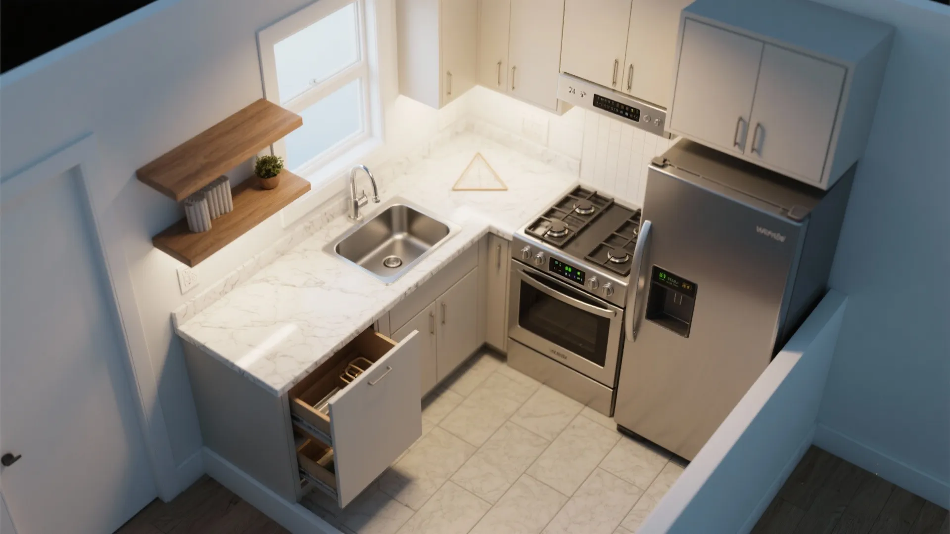 Small L-shaped kitchen interior design drawing with white cabinets, marble countertop, sink, and silver refrigerator