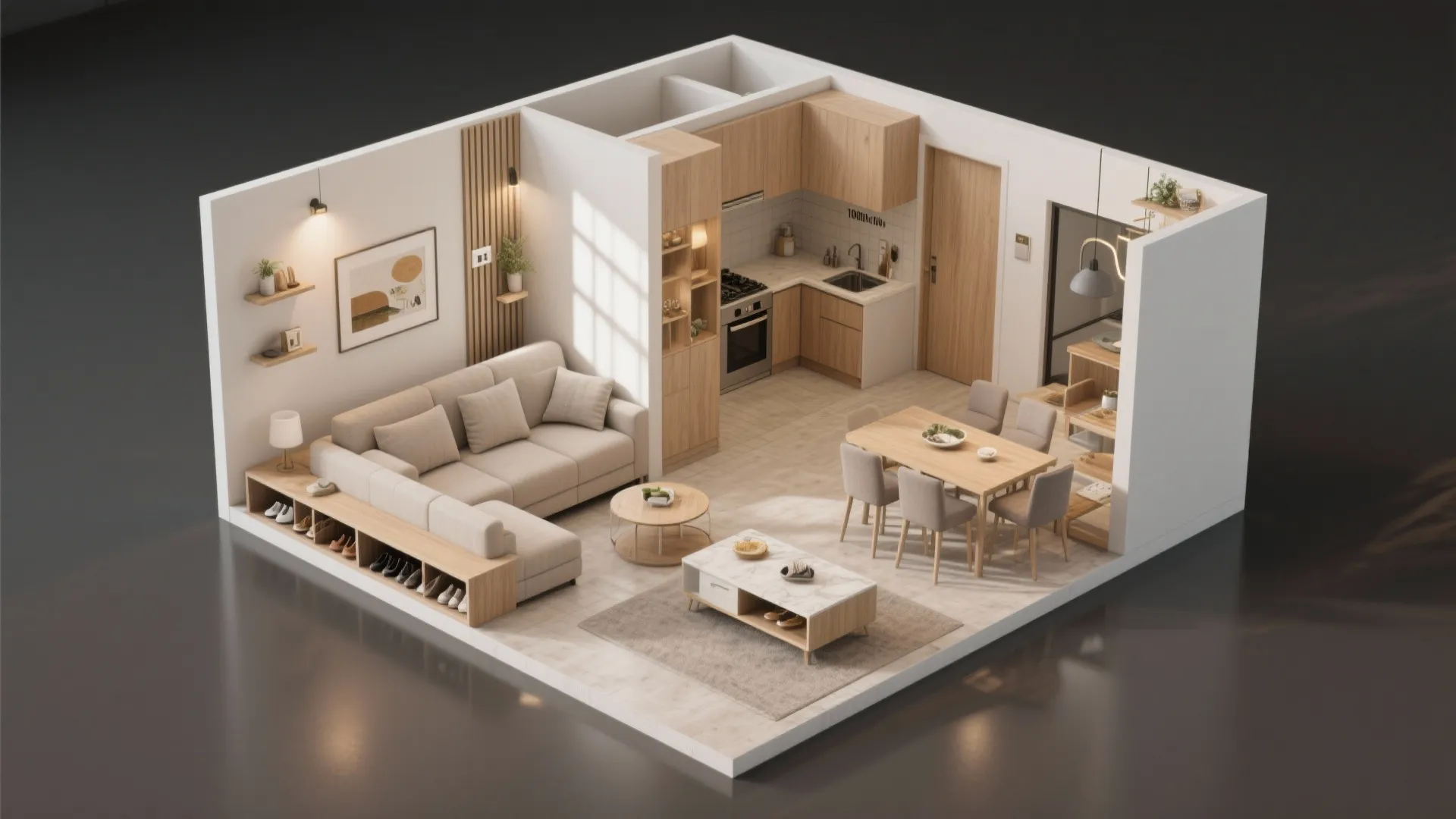 Interior design drawing of open plan apartment with small kitchen dining area and beige sofa