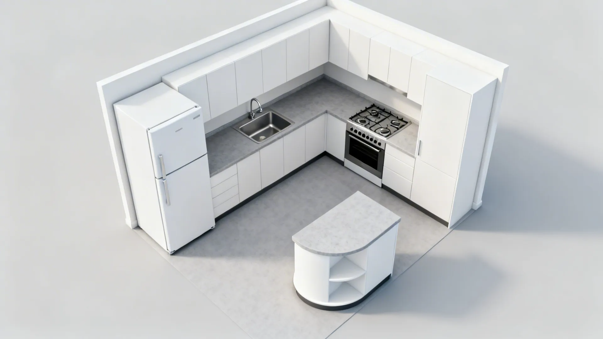Interior design drawing showing white kitchen cabinets with fridge oven sink and small central island
