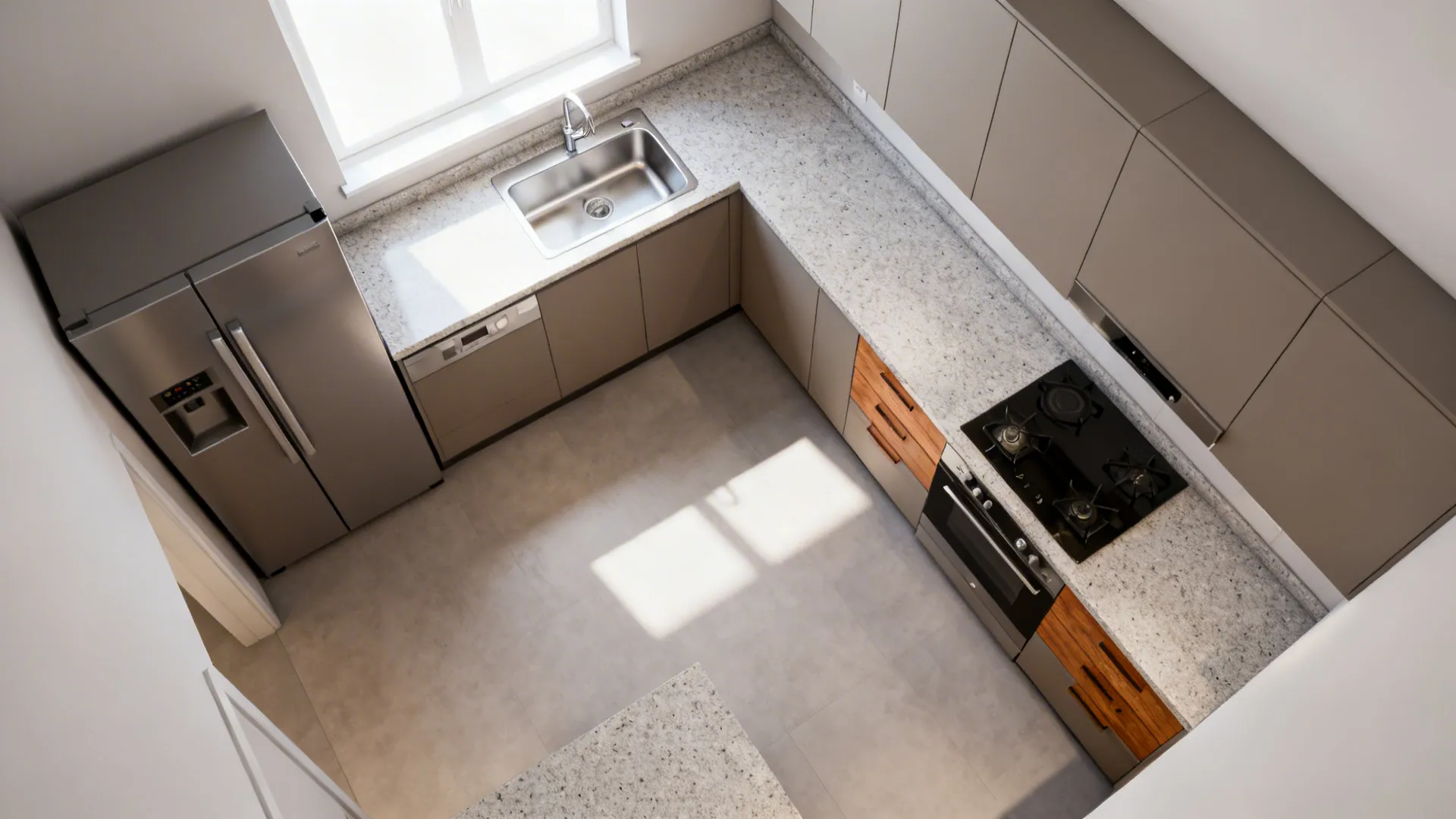 Top-down view of an L-shaped compact kitchen showing continuous prep zones and efficient appliance placement.