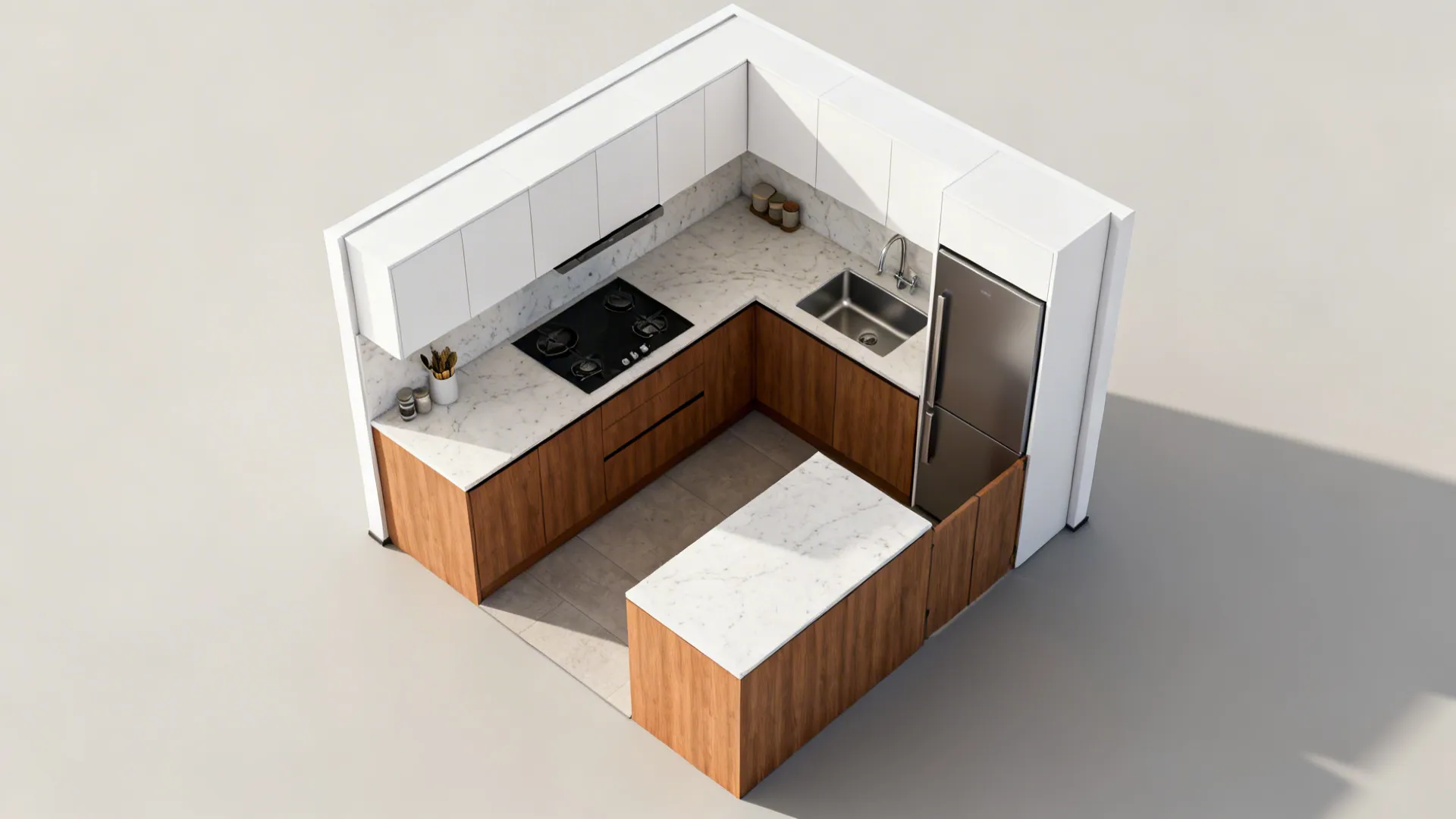 Top view 3D L-shaped kitchen layout with white cabinets wood cabinets marble countertops and island