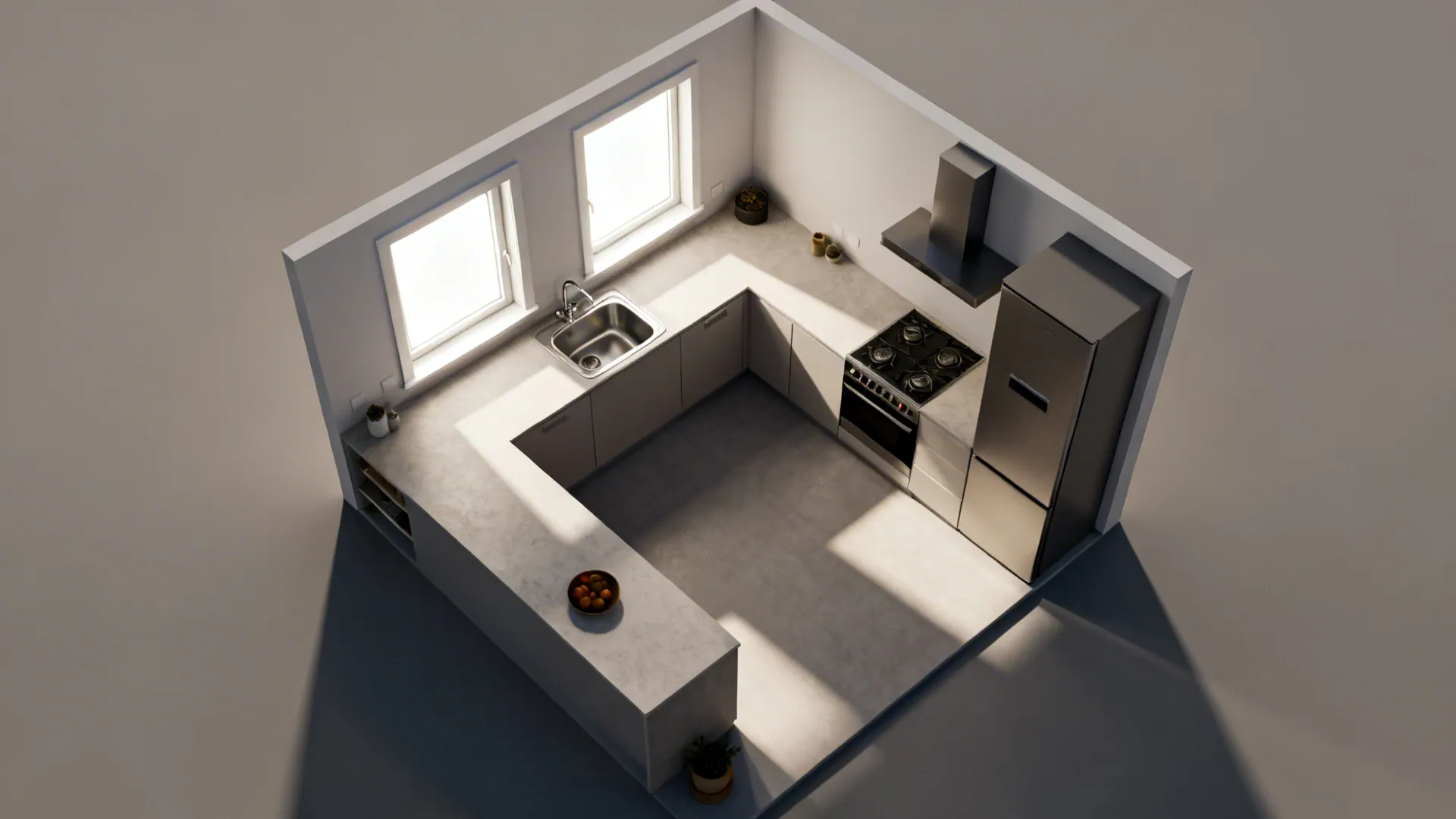 Top-down plan view of an L-shaped two-window kitchen with sink under the brighter window and hob on the side run.