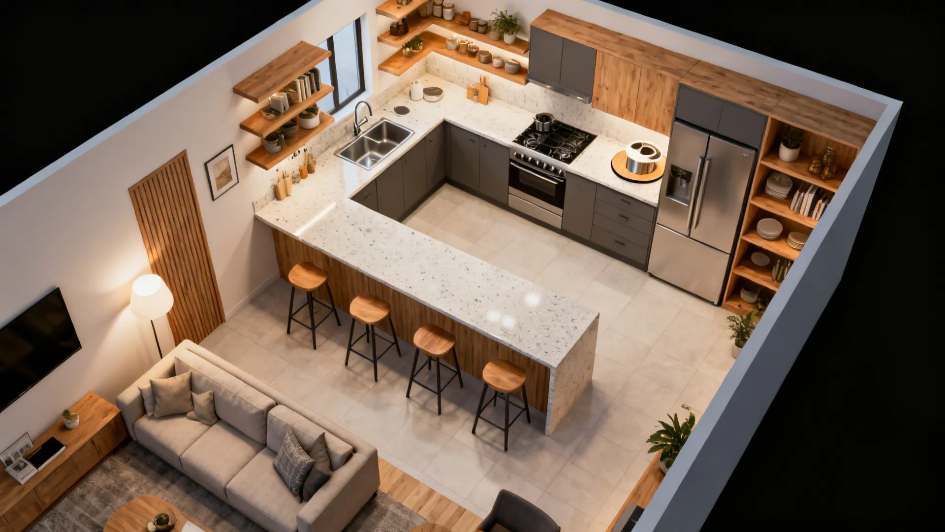 Top-down view of an L-shaped open kitchen with compact work triangle and generous counter run.