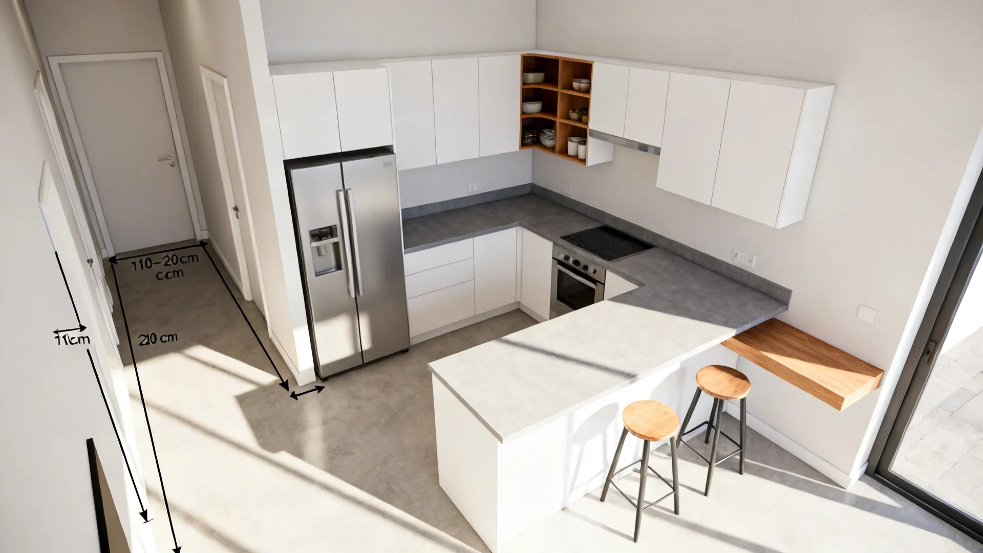 Top-down view of an L-shaped kitchen next to a hall with generous clearance and corner storage.