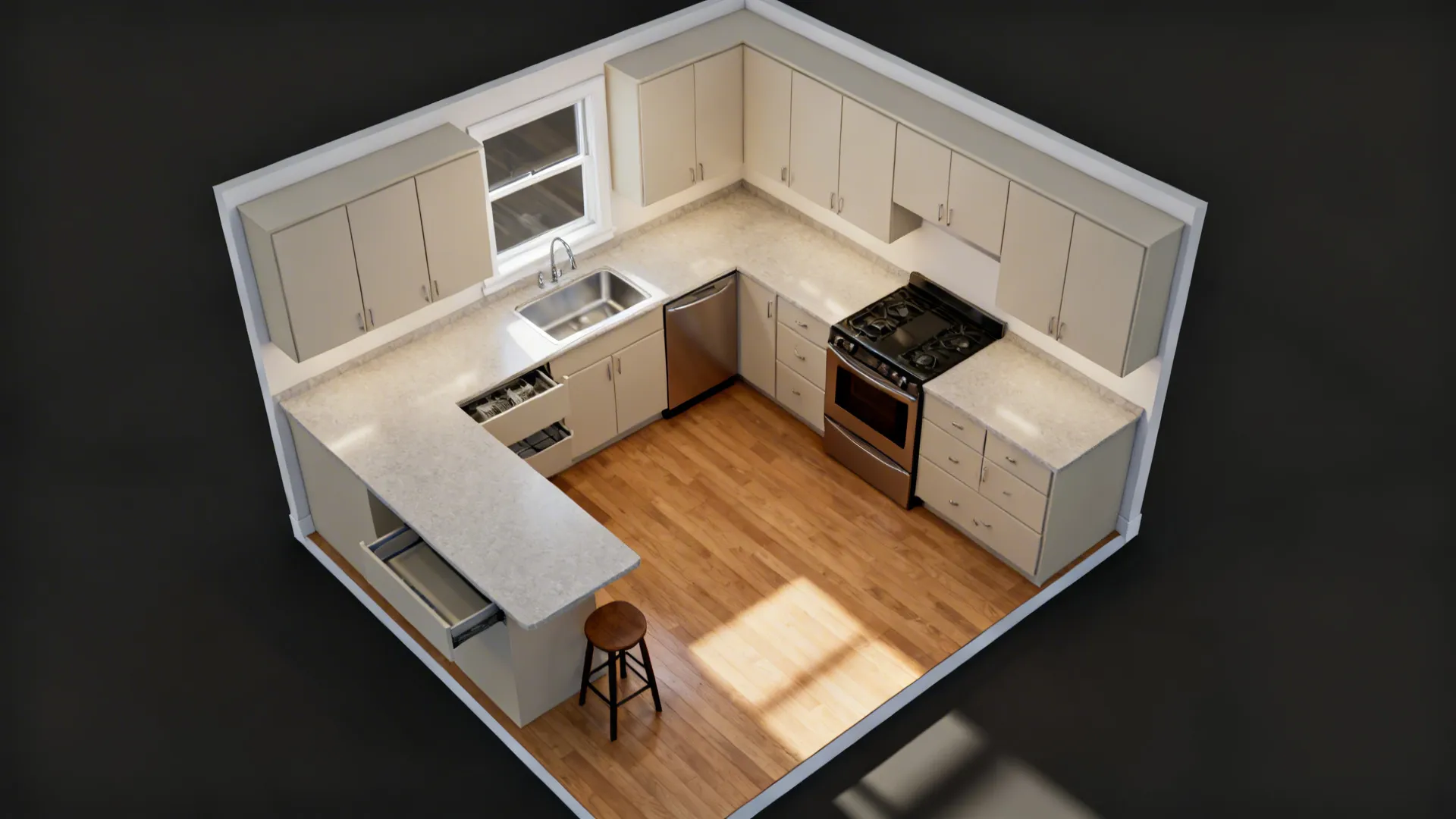 Top-down view of an L-shaped small kitchen with sink on the long run and cooktop on the short run.