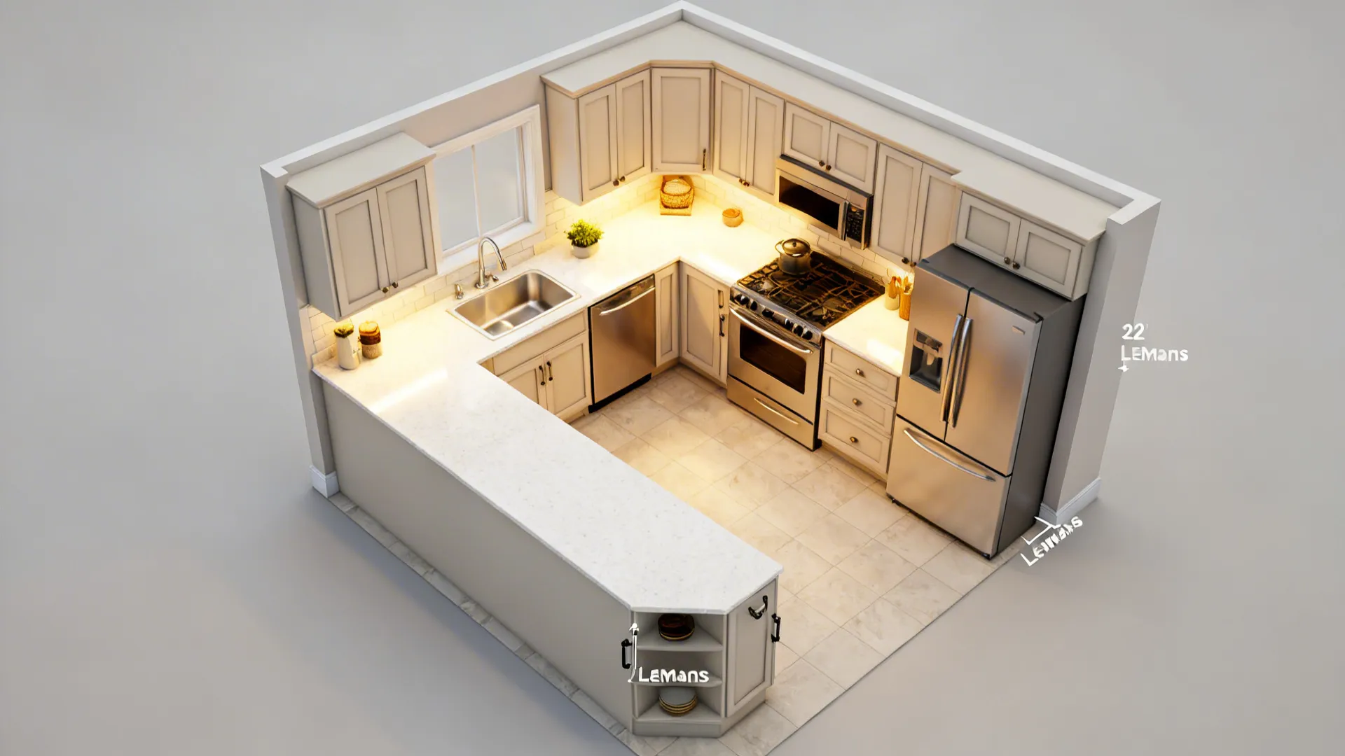 Top-down view of an efficient L-shaped kitchen layout with clear aisle and optimized triangle.