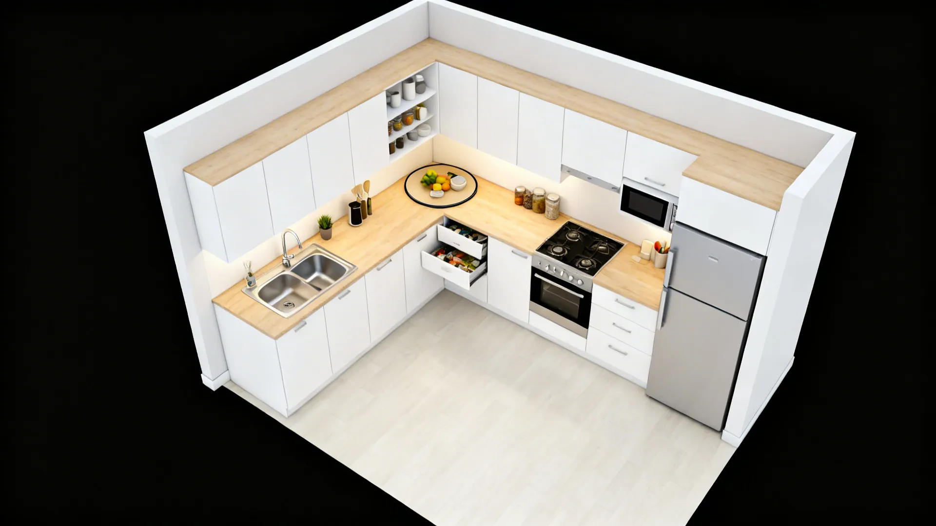 Top-down view of a compact L-shaped kitchen with clear work zones and corner storage.