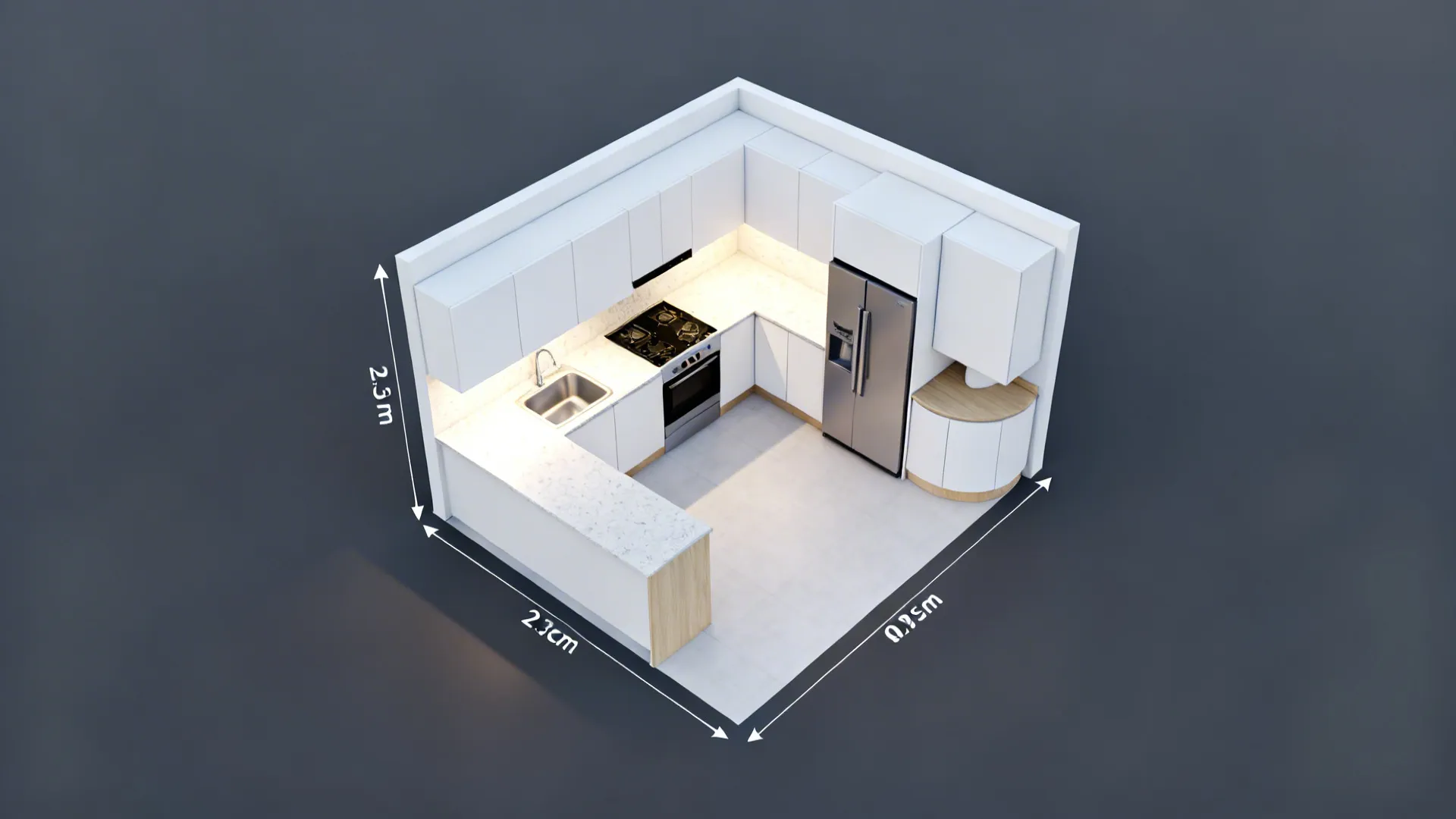 Top-down view of a compact L-shaped white kitchen with clear work zones and 90 cm clearance.
