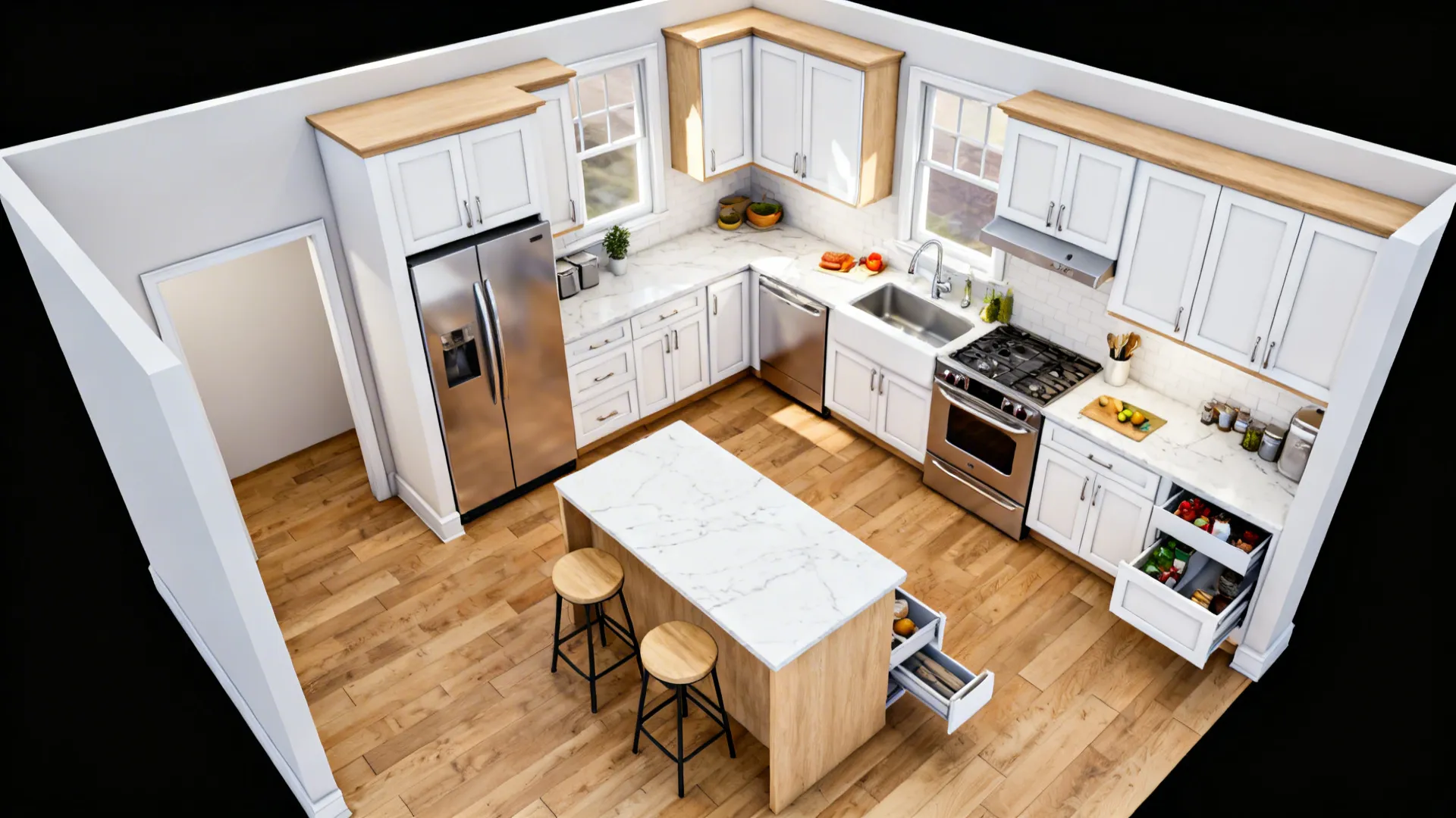 Top-down view of a compact L-shaped kitchen with peninsula and niche fridge.