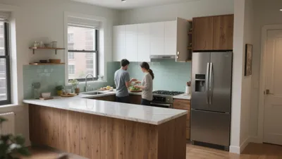Modern Kitchen with Wood Island and Mint Tile Backsplash