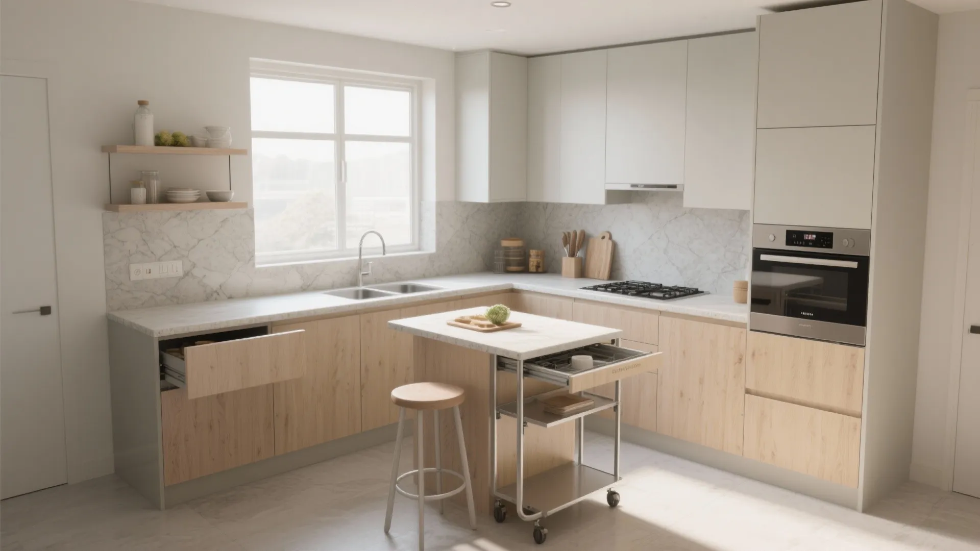 Modern kitchen with wood cabinets white upper storage marble backsplash small island and big window light