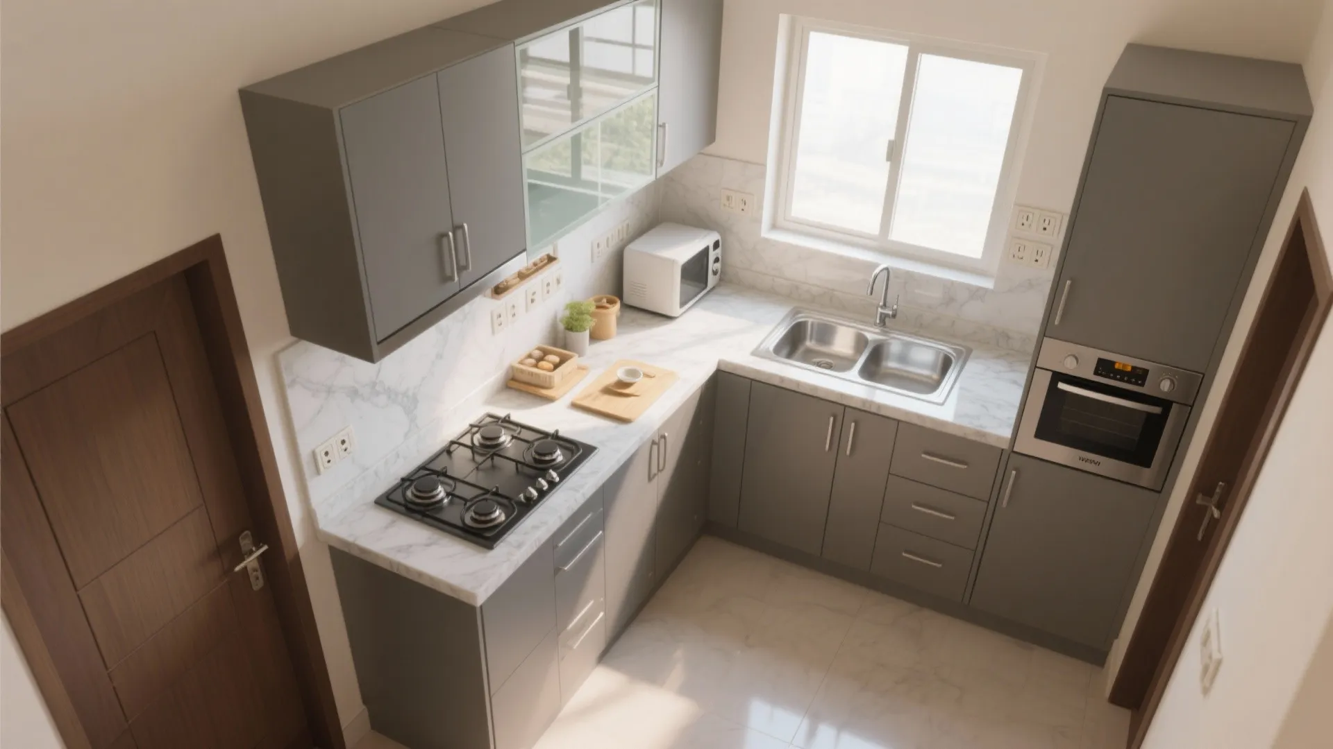 Compact L-shaped kitchen with sink and hob on one leg, prep zone on the other and corner solution.