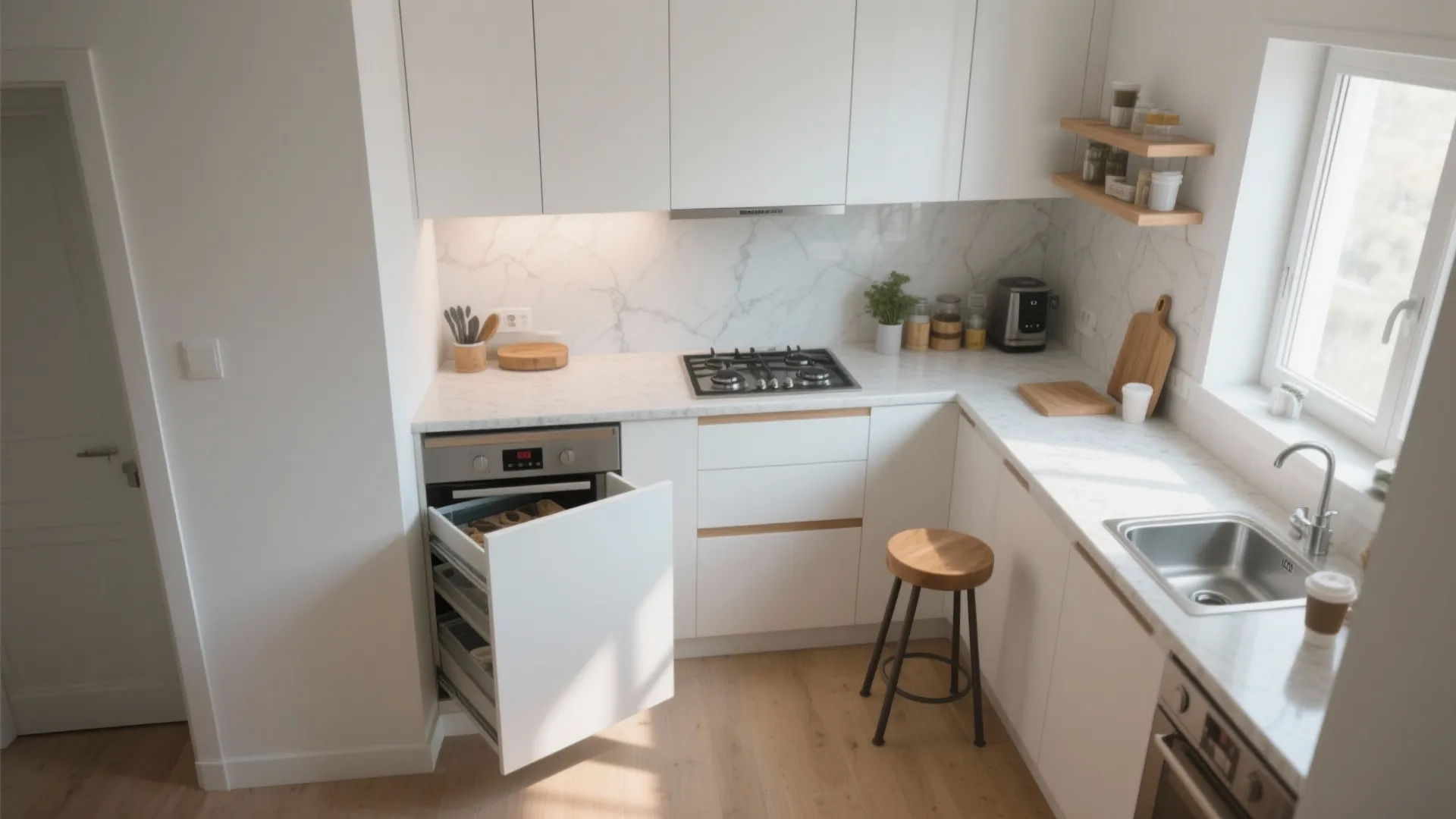 Modern white L-shaped kitchen interior design with marble countertops wooden stool and natural window light