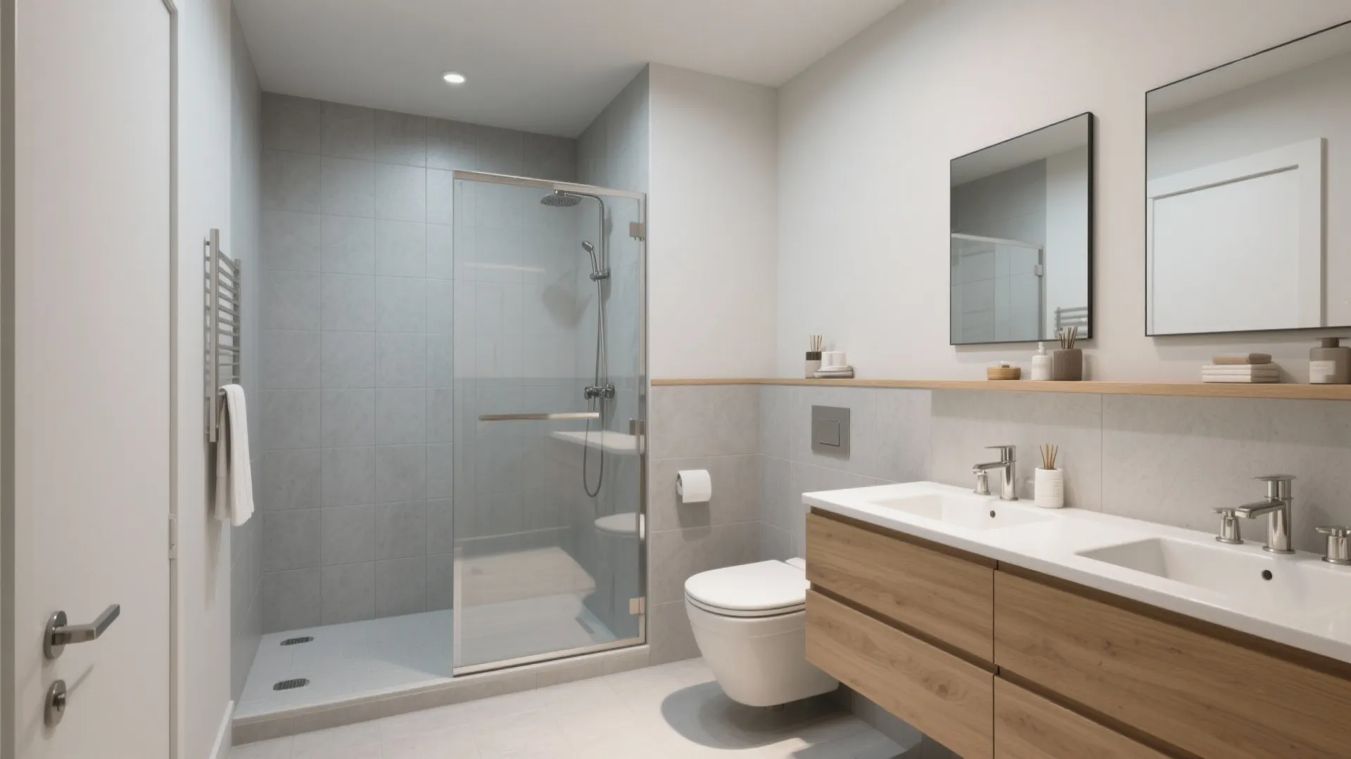 L-shaped vanity and toilet layout
