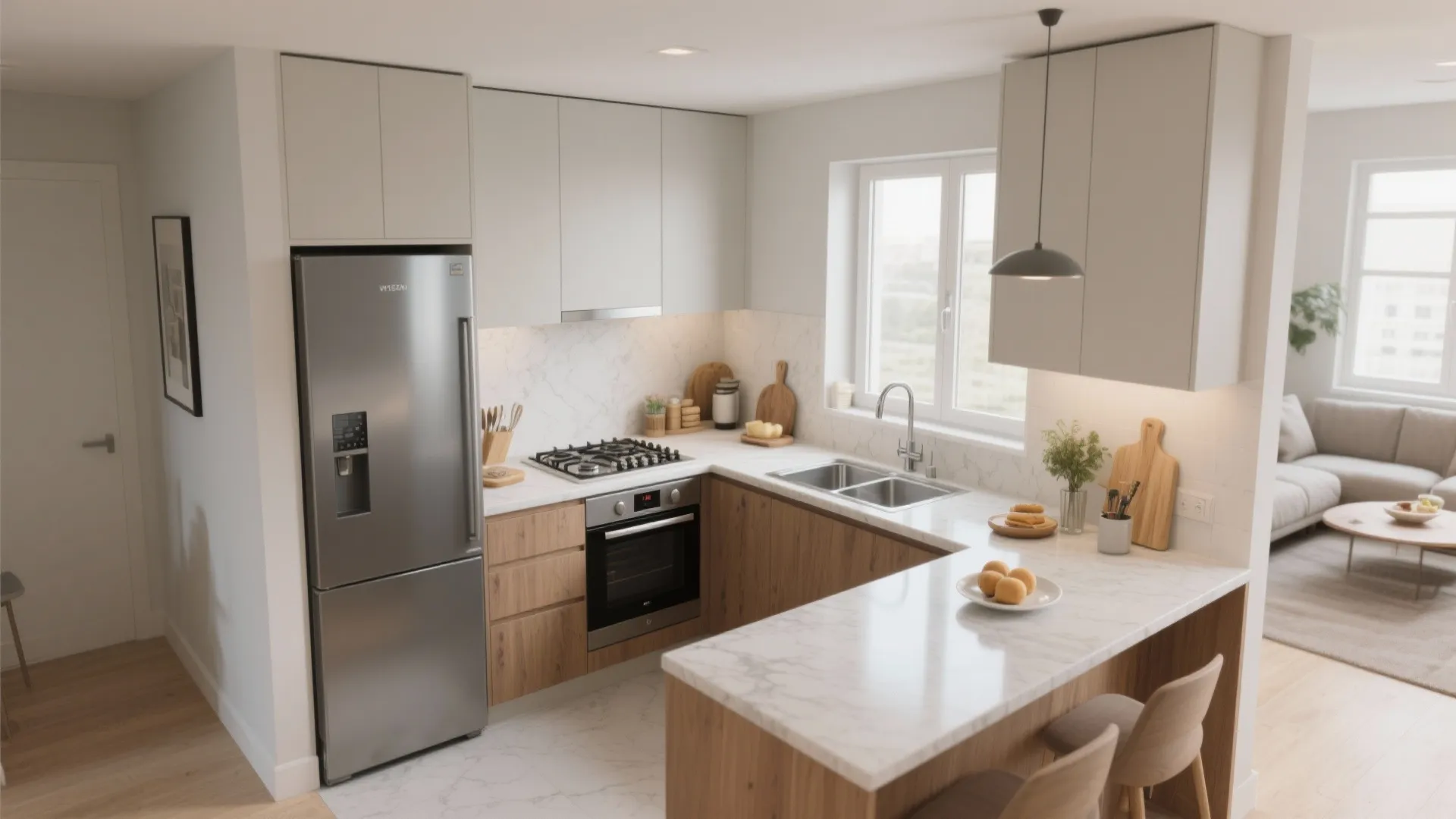 L-shaped kitchen zoning