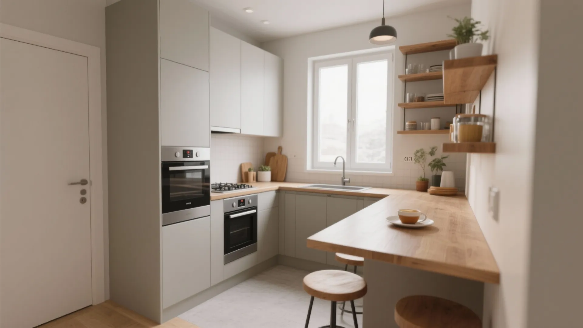 Compact L-shaped kitchen with clear corner circulation and a small breakfast perch.