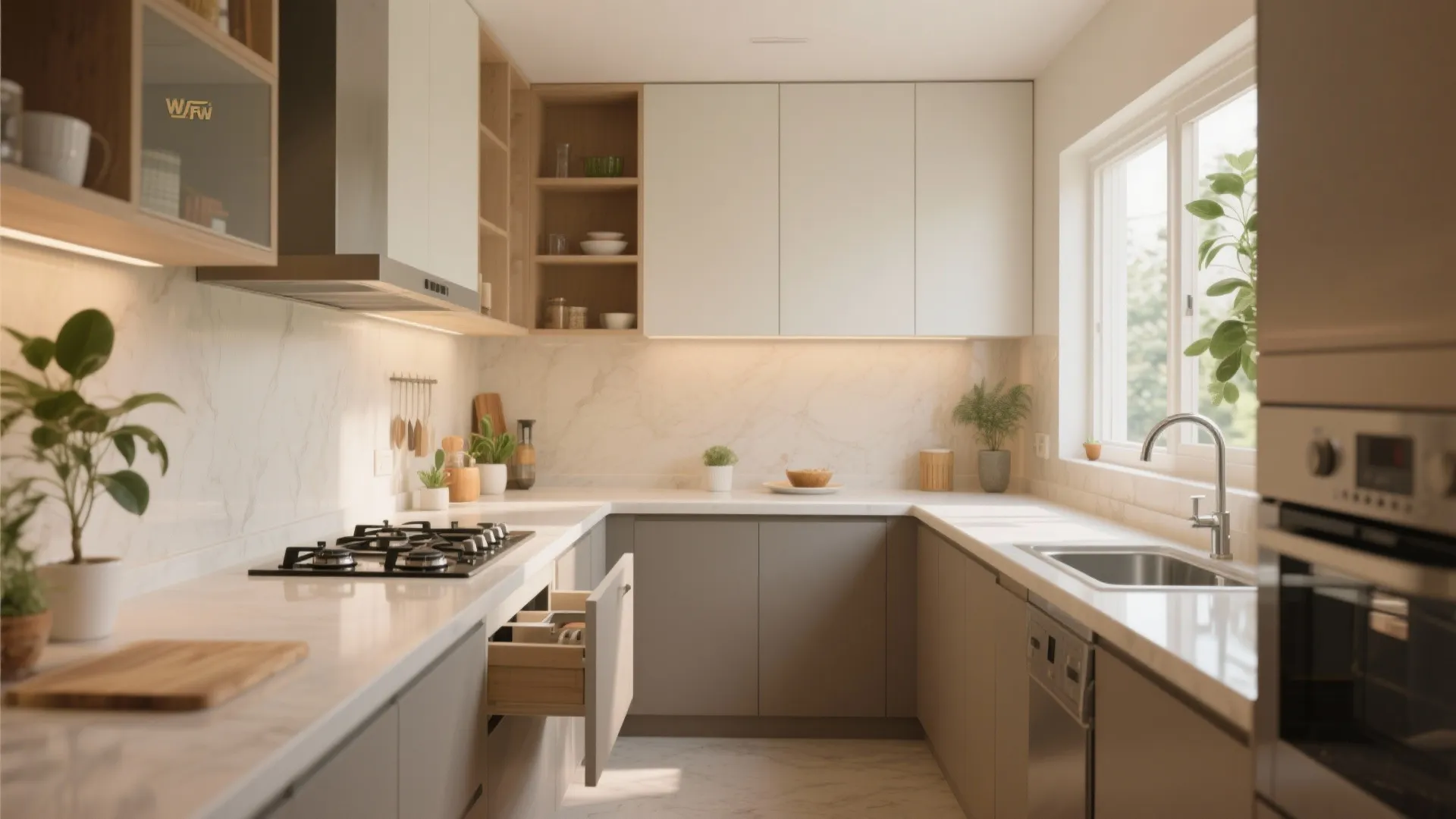 L-shaped layout to unlock counter space