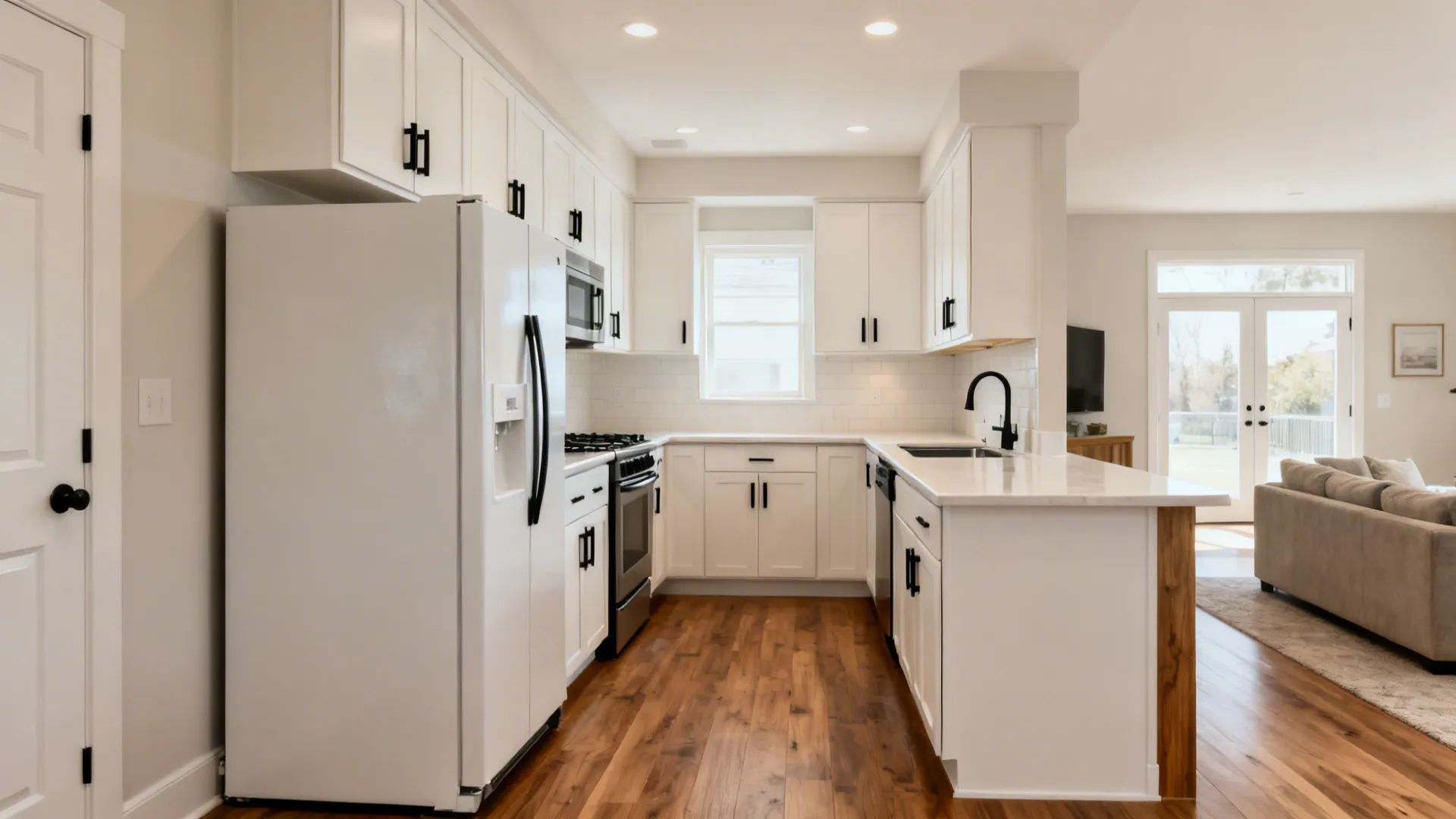 Compact L-shaped kitchen with clear walkways and expanded counter space near the cooktop.