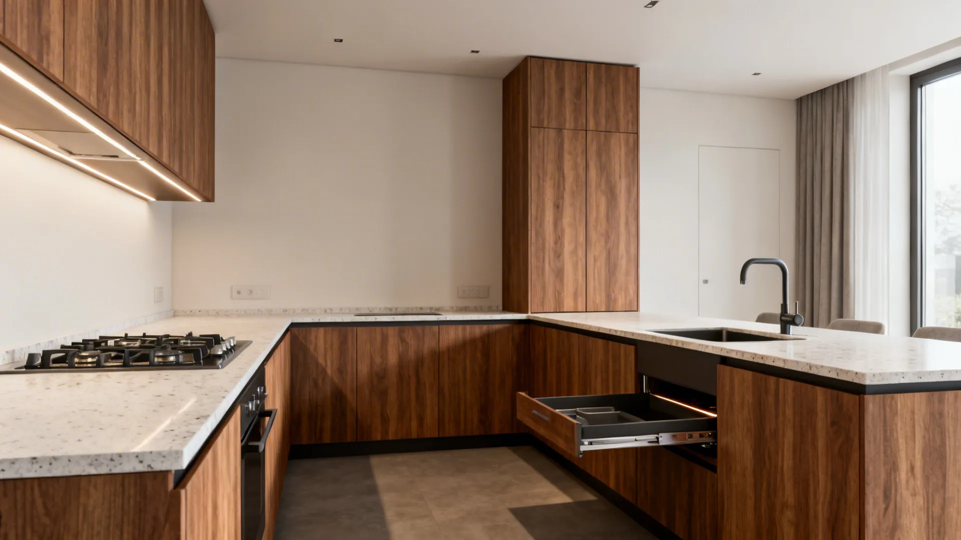 Compact L-shaped kitchen with clear work triangle and corner hardware for storage.