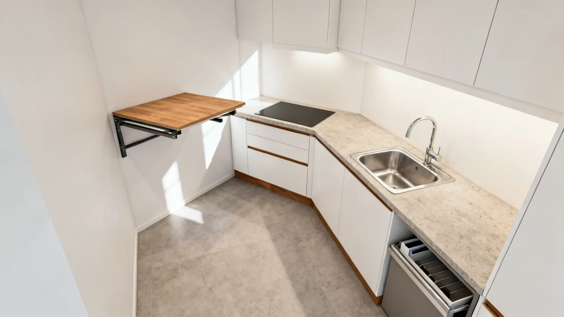 Compact L-shaped kitchen with more open floor space and a fold-down table.