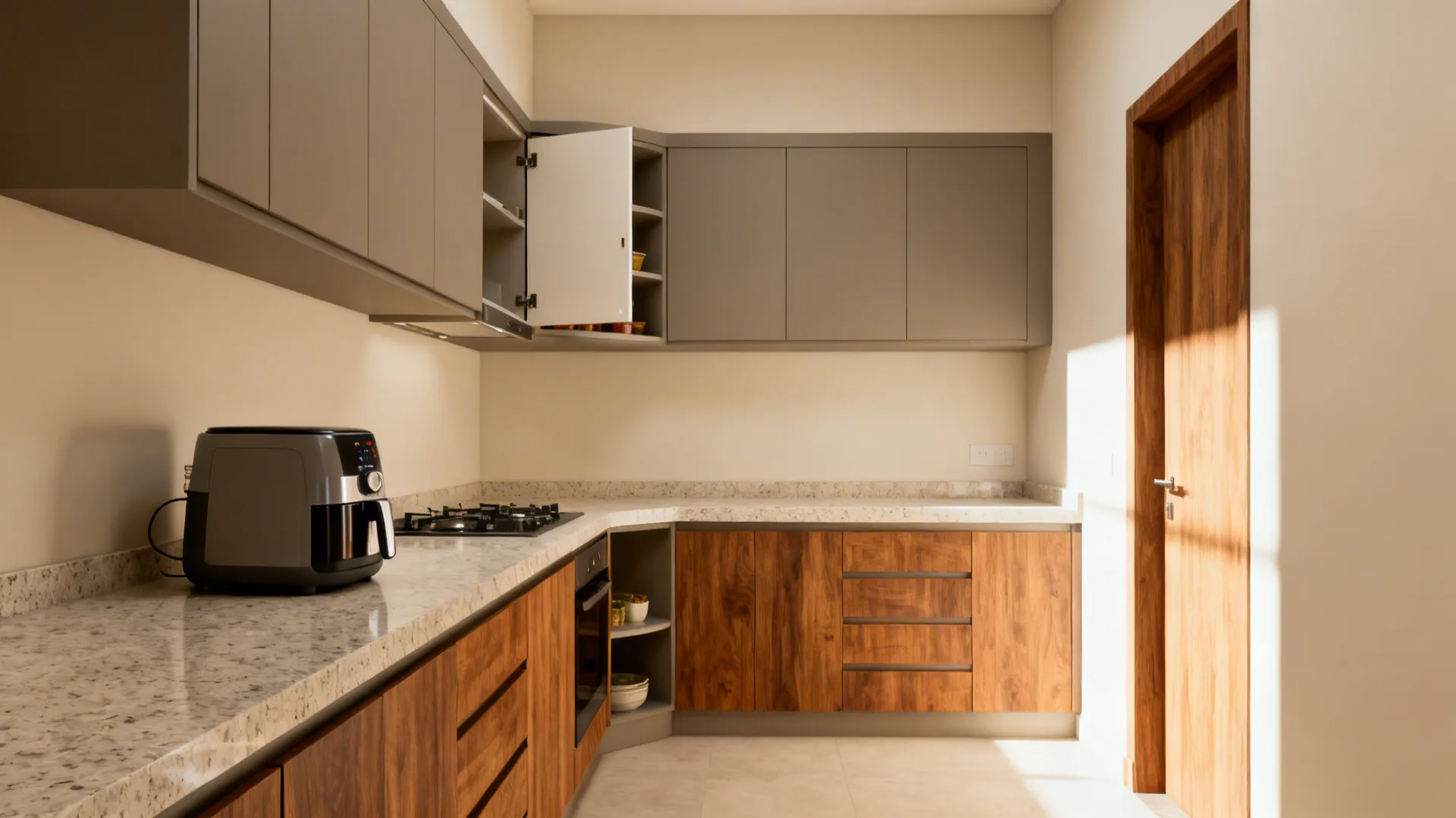 Corner kitchen design with wood lower cabinets grey upper cabinets marble counter and black fryer