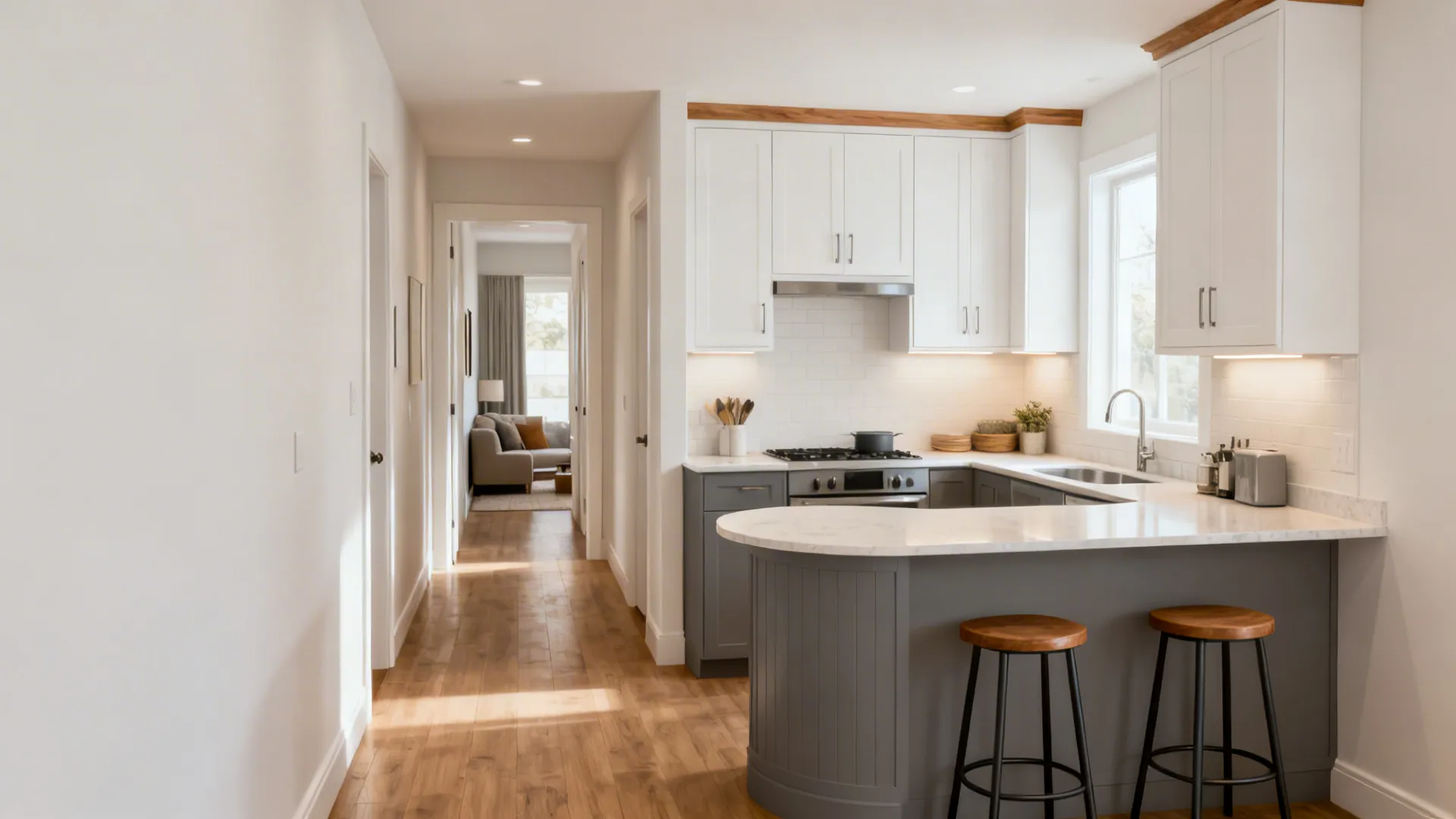 L-shaped small kitchen with continuous counters, a corner lazy Susan, and a peninsula leaving a clear hall path.